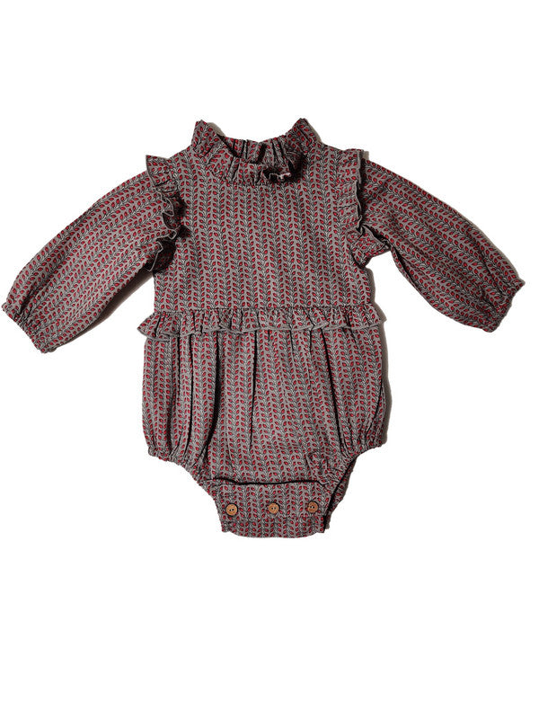 Grey Printed Full Sleeves Romper — Cotton Baby Girl Romper | 0-24 Months