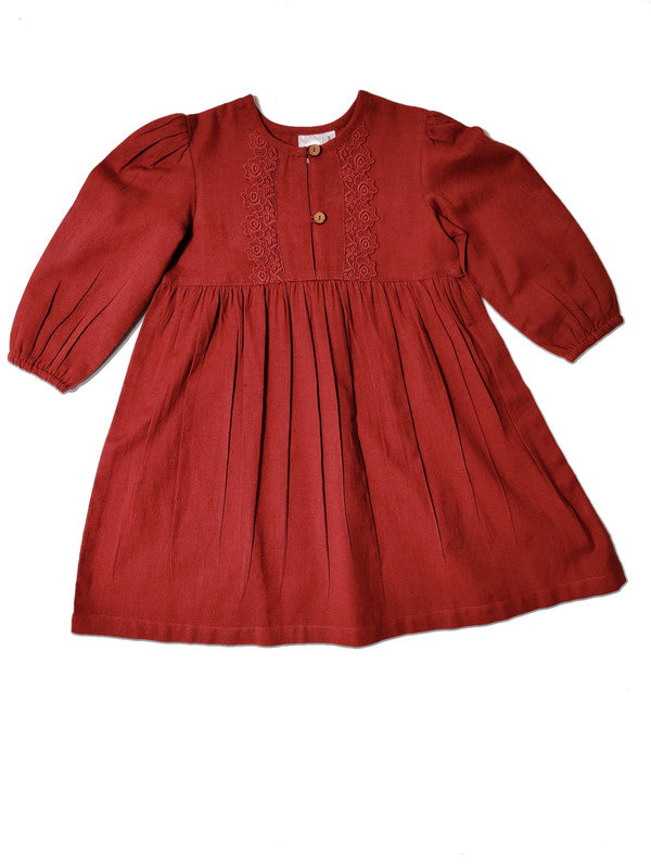 Red Lace Full-Sleeves Shirt Dress