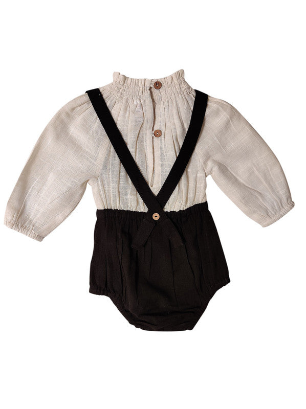 Unisex Off-White and Black Full Sleeves Romper — Cotton Baby Romper | 0-24 Months