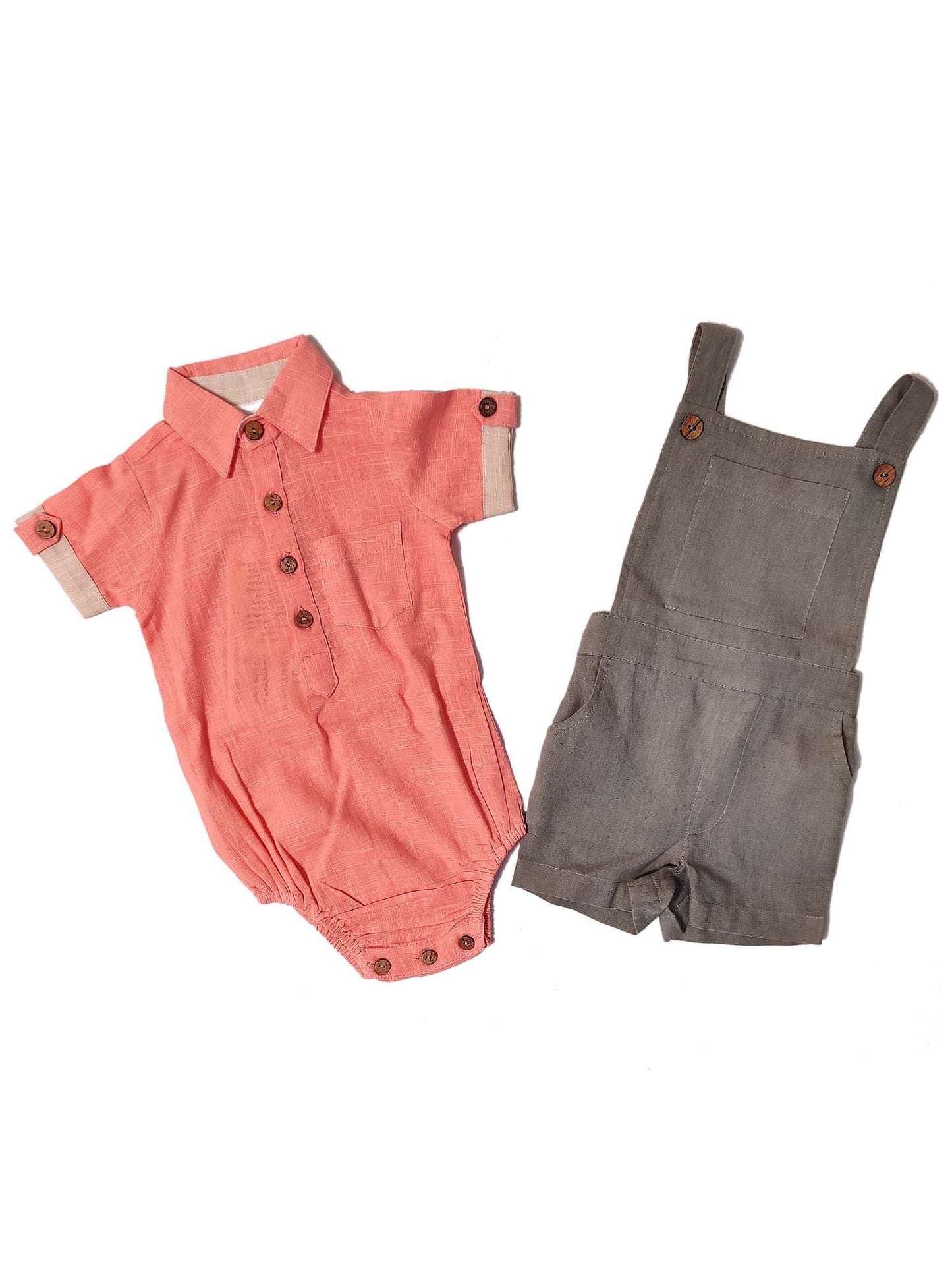 Infant Romper-Shirt and Overalls Set - Coral & Grey