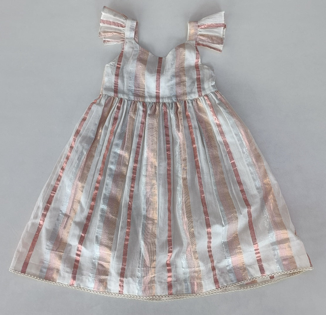 Off-White Multi Color Lurex Sleeve Ruffle Gathered Dress