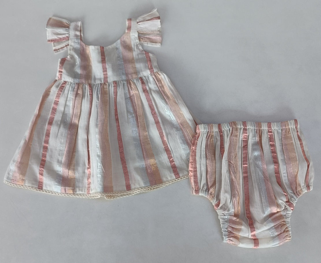 Off-White Multi Color Lurex Sleeve Ruffle Gathered Dress