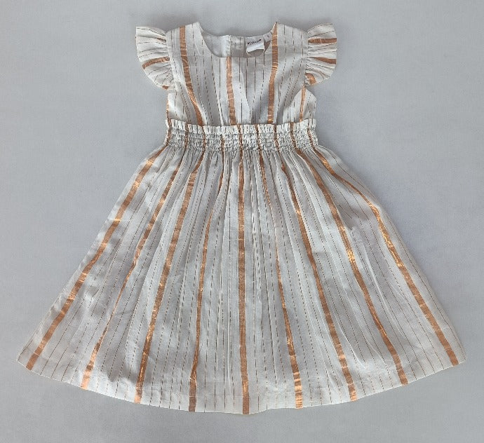 Off-White Gold Color Lurex Sleeve Ruffle Gathered Dress