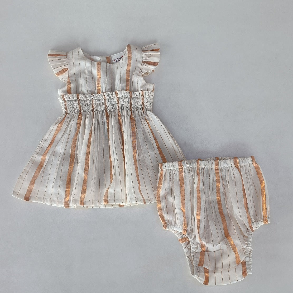 Off-White Gold Color Lurex Sleeve Ruffle Gathered Dress