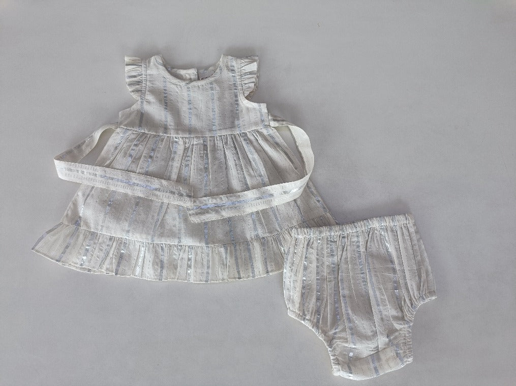 Off-White Silver Color Lurex Sleeve & Bottom Ruffled Gathered Dress