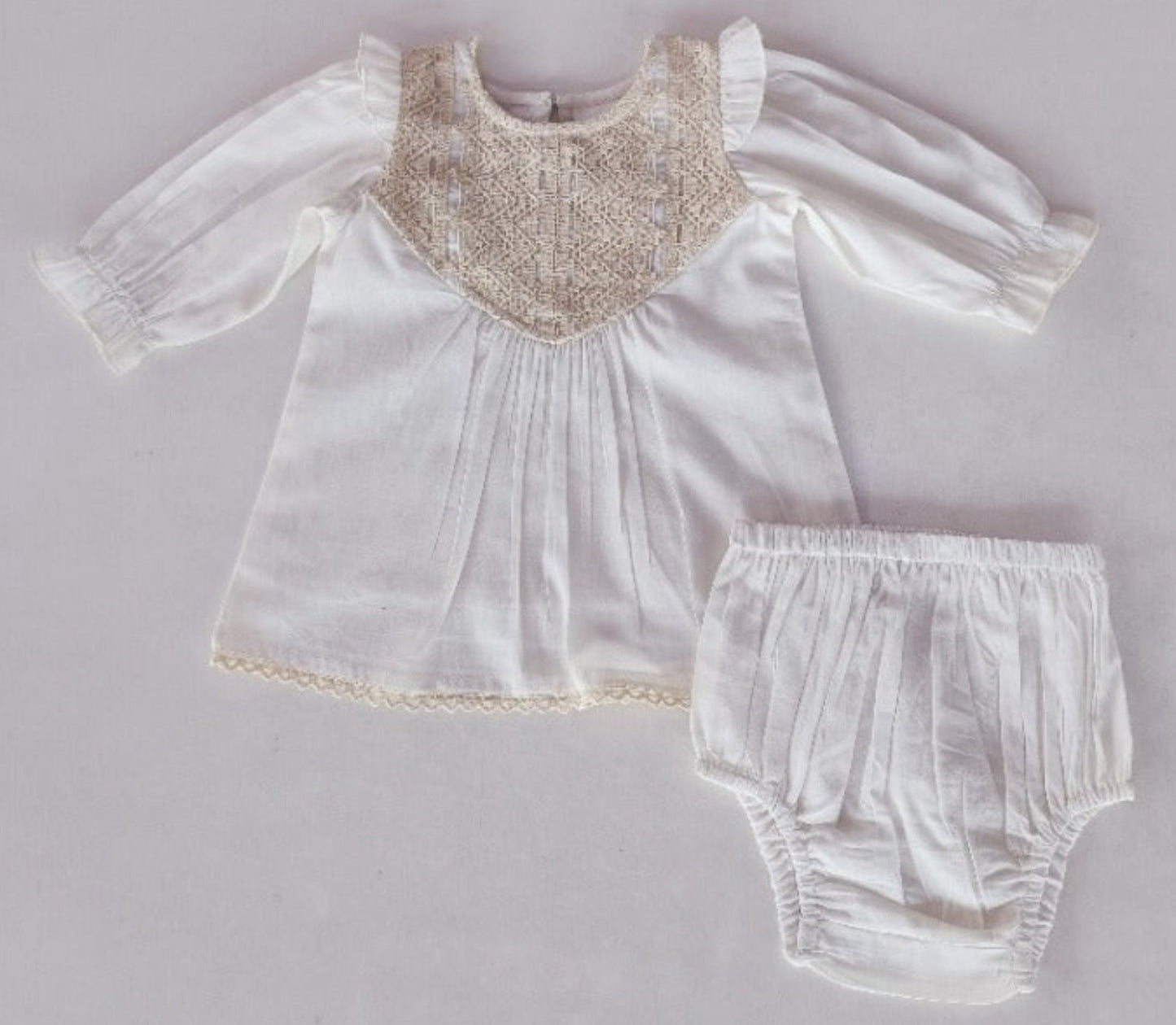 Ecru Long Sleeves Dress and Bloomers — Cotton Baby Girl Set | 0-24 Months