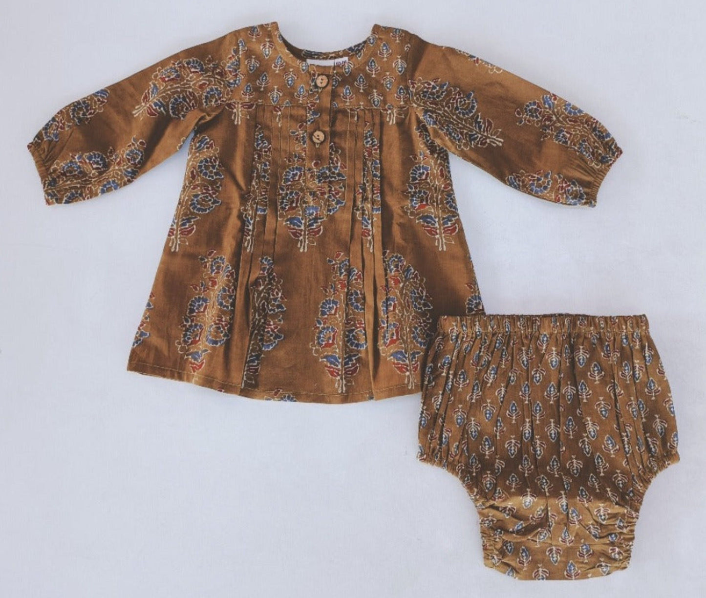 Floral Dress Long Sleeve With Pintuck Detail & Diaper Cover Set