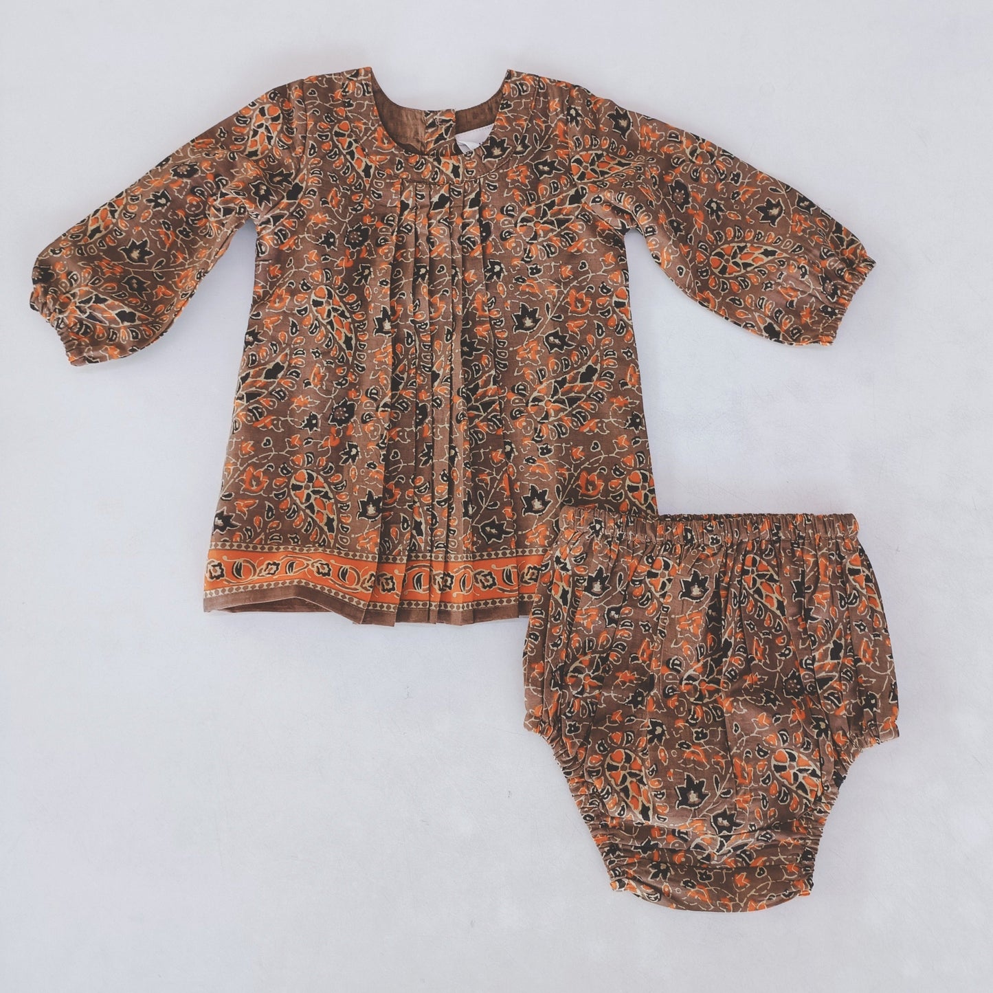 Paisley Printed Long Sleeve Dress with Pleat Detail and Diaper Cover Set — Cotton Baby Girl Set | 0-24 Months
