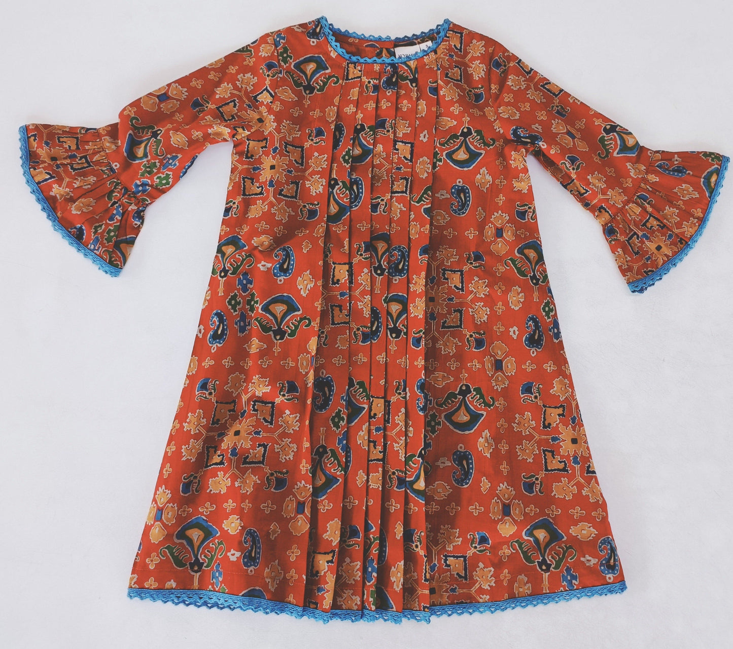Maroon Printed Dress Long Sleeve With Pleat & Lace Detail - Yo Baby Online