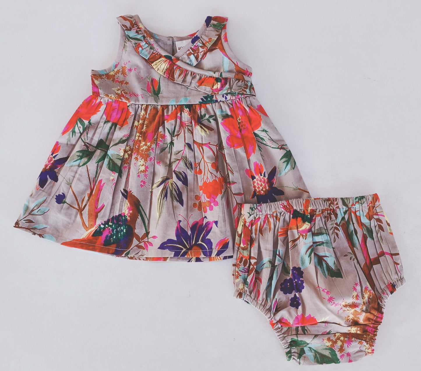 Bird Print Shift Dress with Ruffle Detail and Diaper Cover Set — Cotton Baby Girl Set | 0-24 Months