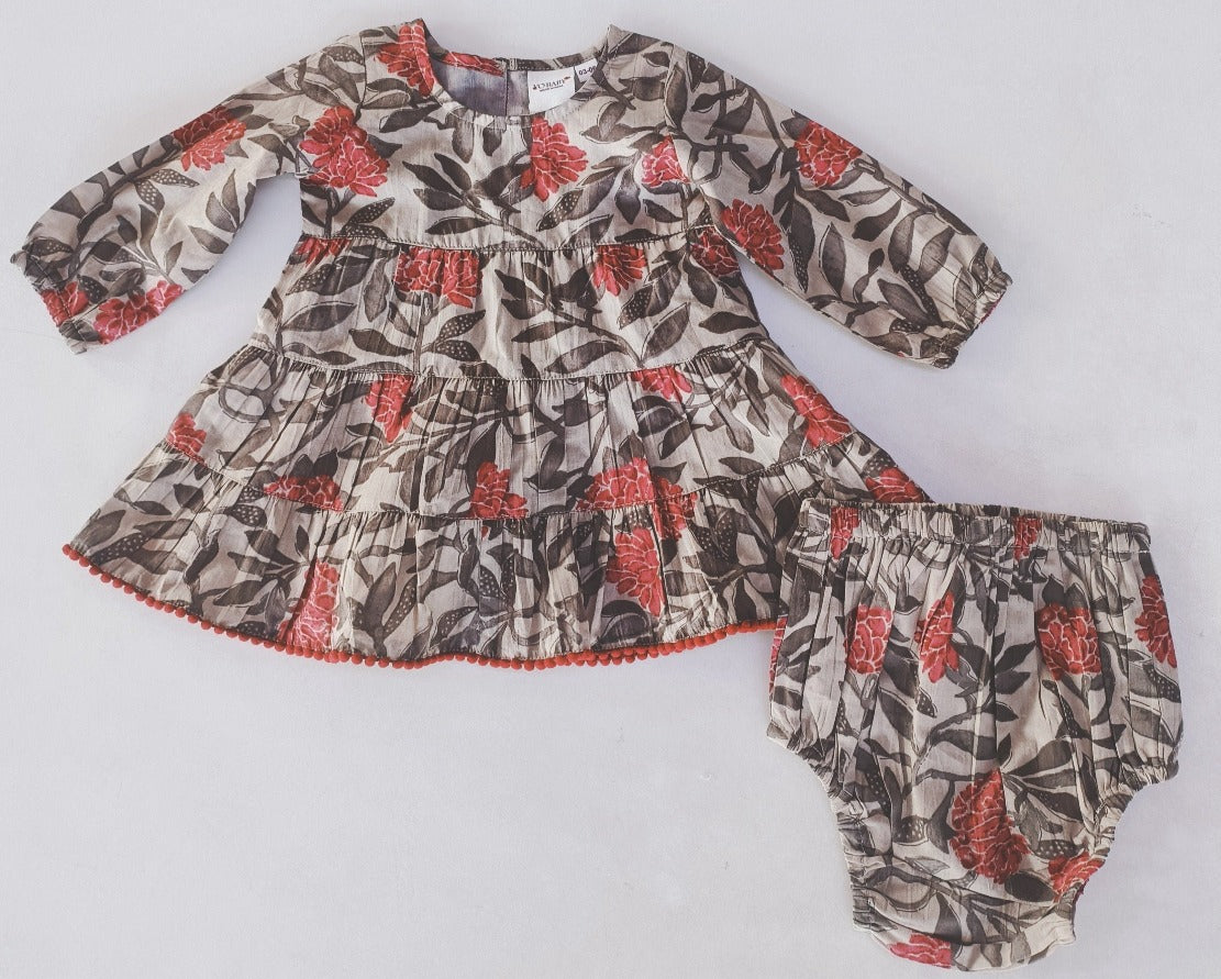 Floral Tiered Long Sleeve Dress With Lace Detail & Diaper Cover Set