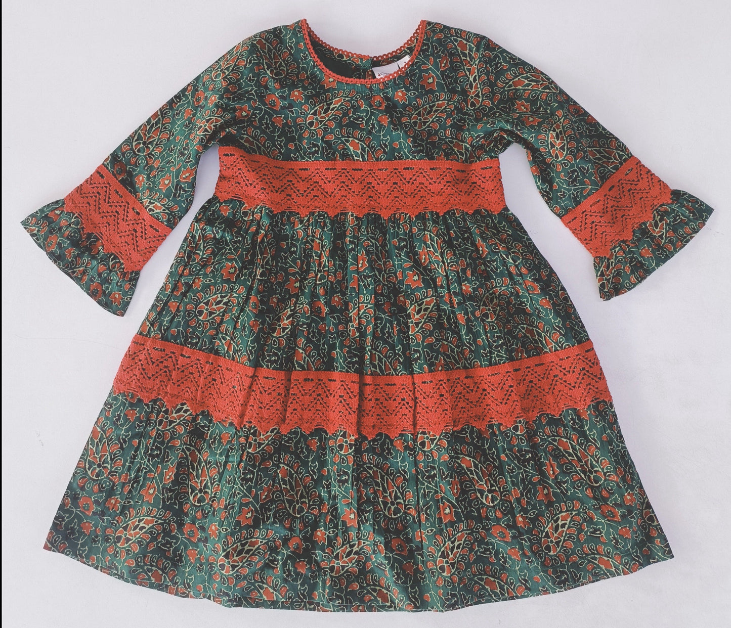 Green & Maroon Printed Long Sleeve Lace Detail Dress
