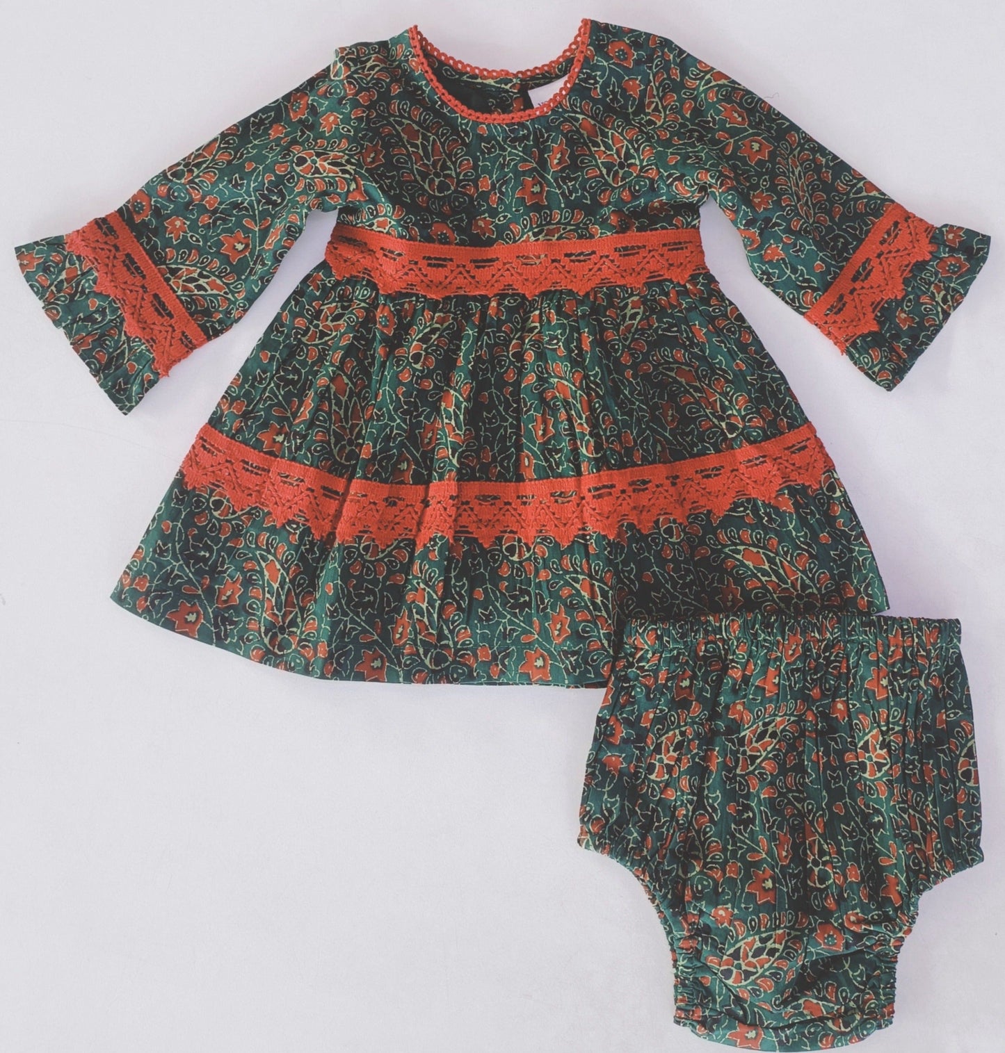 Green and Maroon Printed Long Sleeve Lace Detail Dress and Bloomers — Cotton Baby Girl Set | 0-24 Months