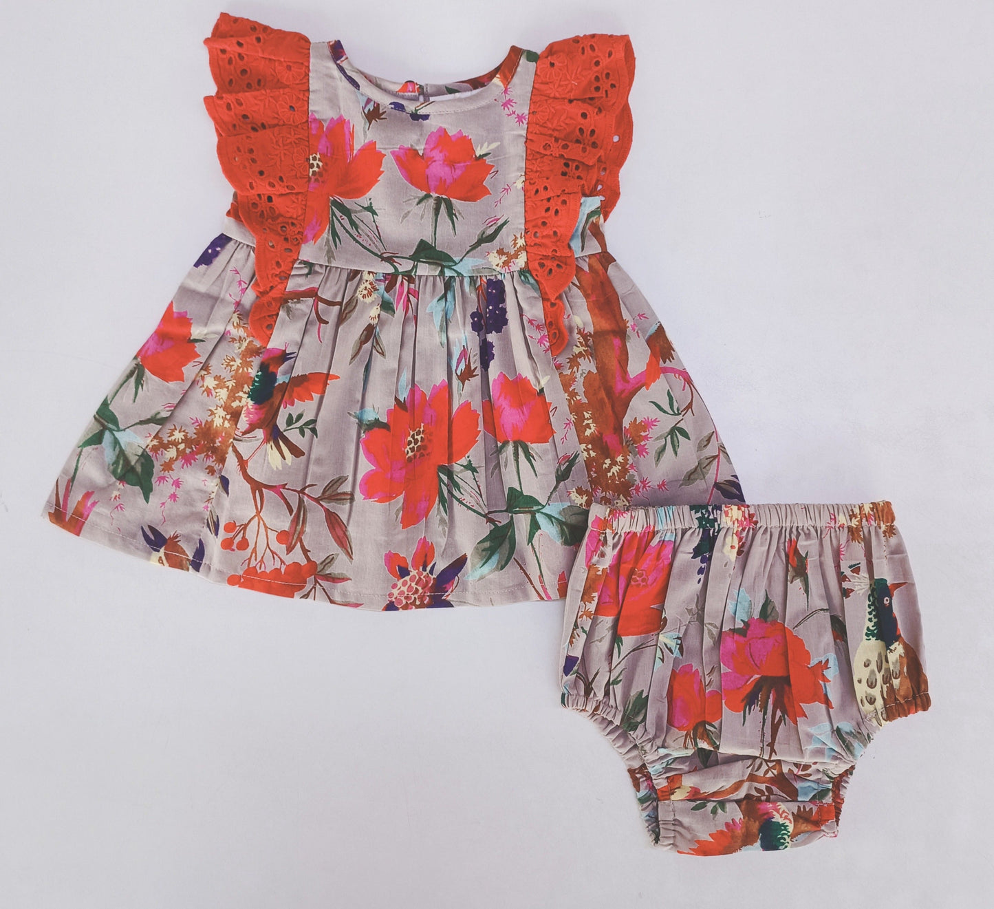Bird Print Flutter Sleeves Dress and Bloomers