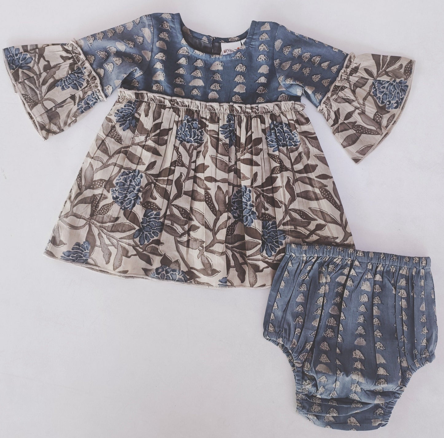 Floral Print Bell-Sleeves Dress & Diaper Cover Set