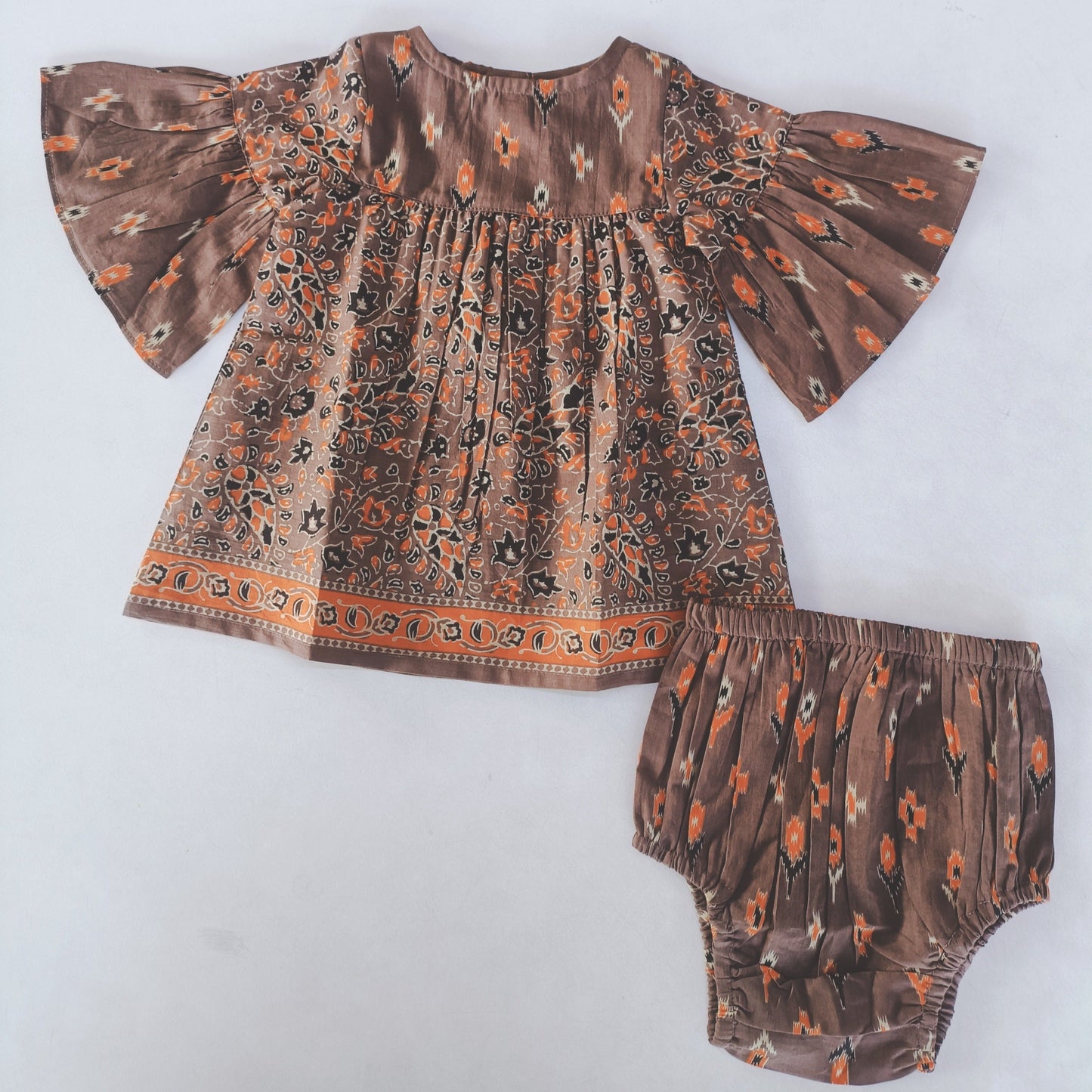 Paisley Print Bell-Sleeves Dress & Diaper Cover Set