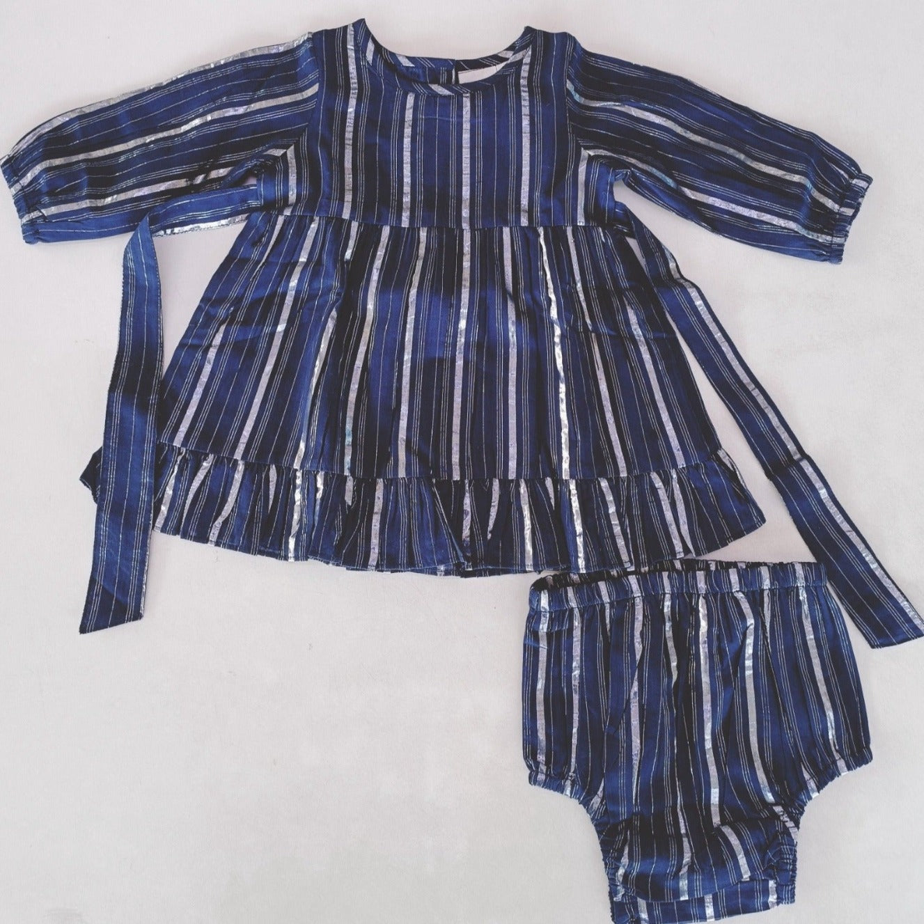 Navy Lurex Long Sleeve Ruffle Detail Dress and Bloomers