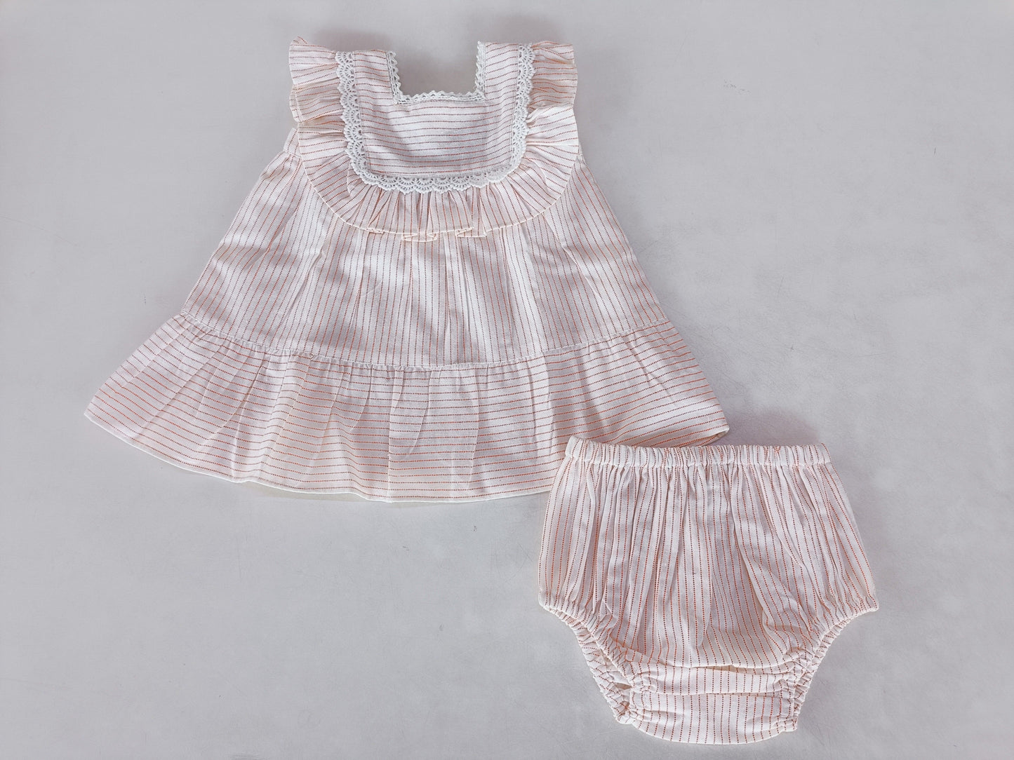 Peach Stripes Square Neck Ruffle Dress and Bloomers