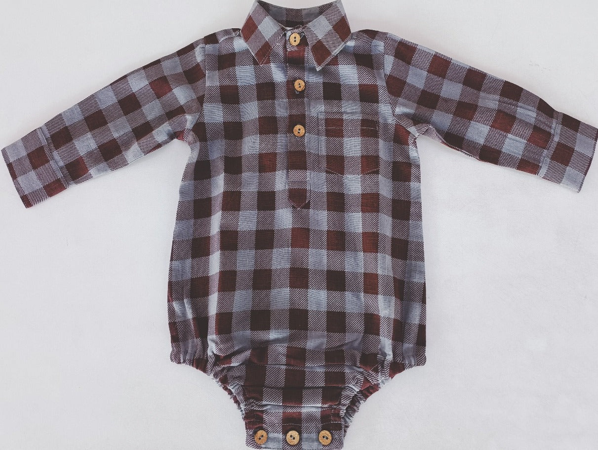 Burgundy Checkered Print Long Sleeve Baby Romper — Cotton Baby Girl Romper | 0-24 Months