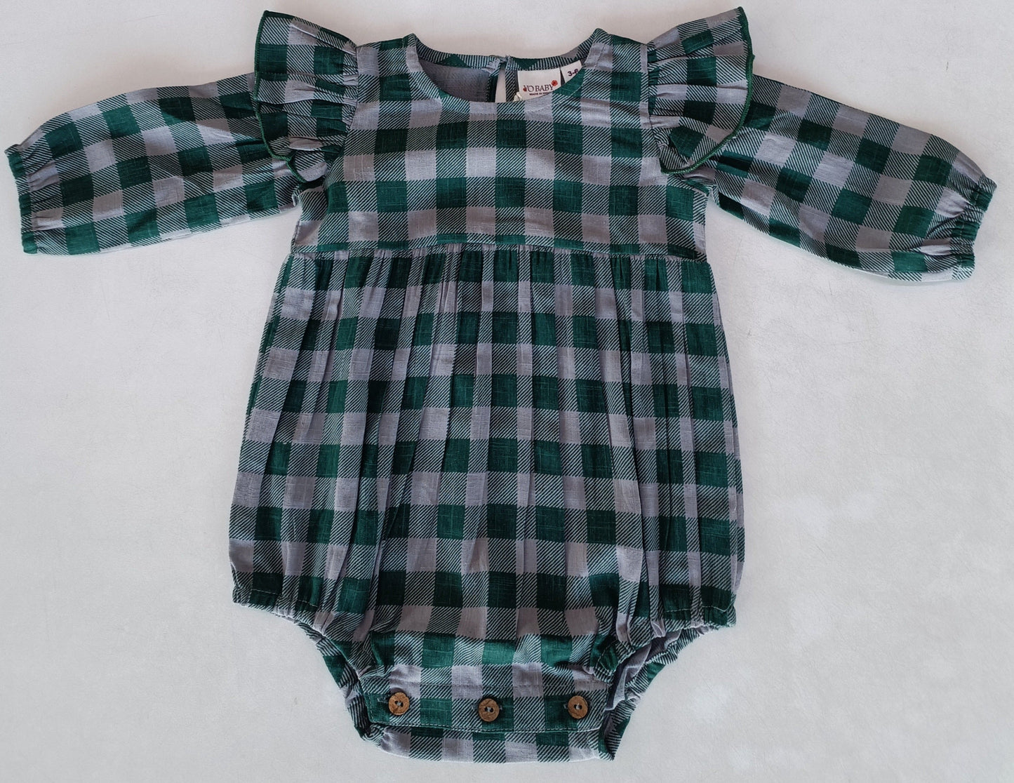 Green Checkered Print Long Sleeve Baby Romper