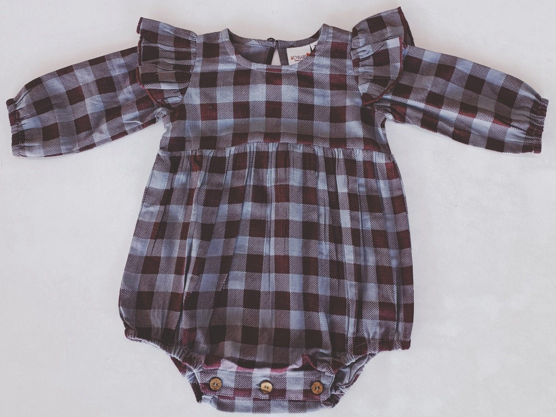 Burgundy Checkered Print Long Sleeve Baby Romper with Collar — Cotton Baby Girl Romper | 0-24 Months