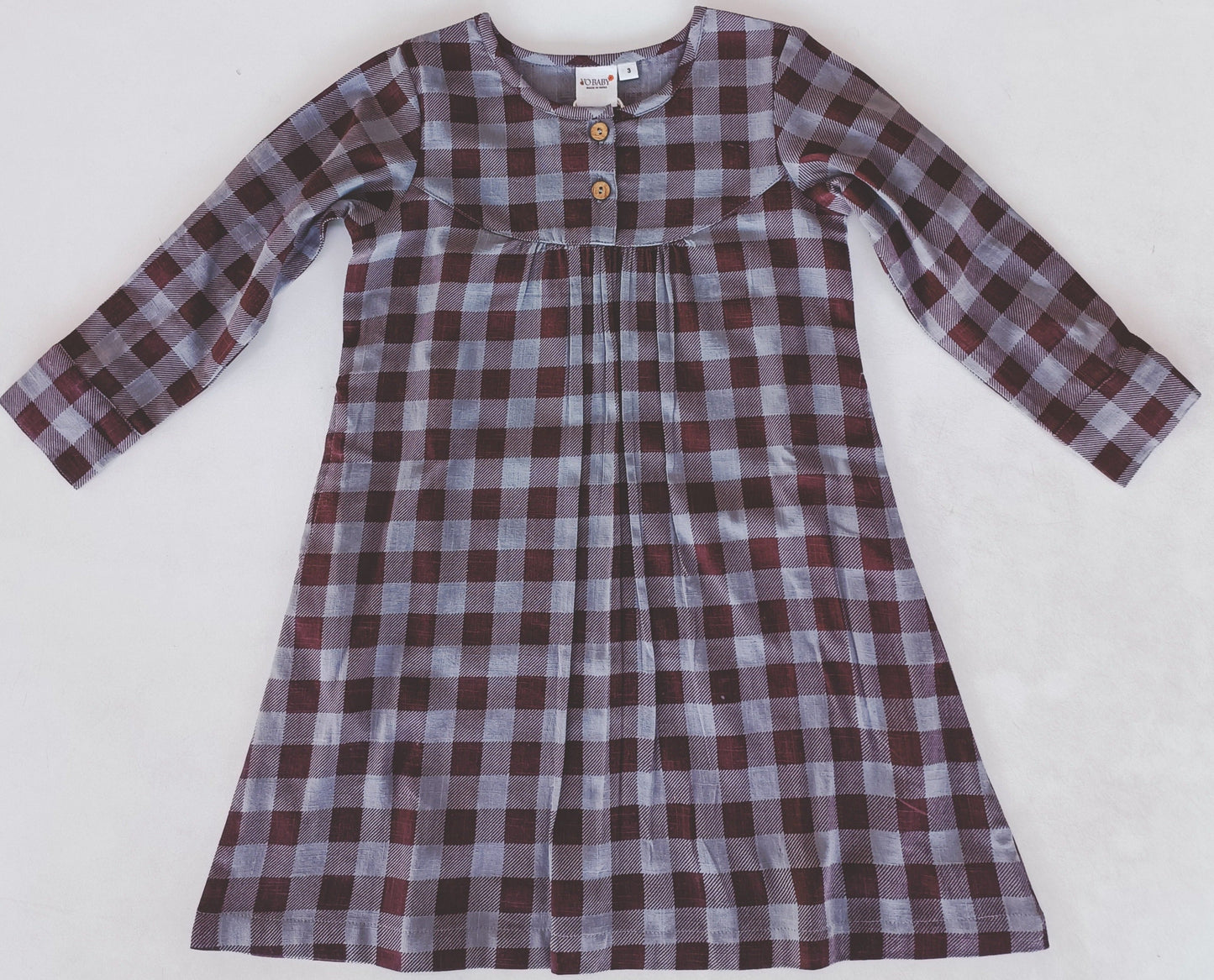 Burgundy Checkered Print Long Sleeves Dress — Cotton Girls Dress | Infant to Tween 0-13 Years