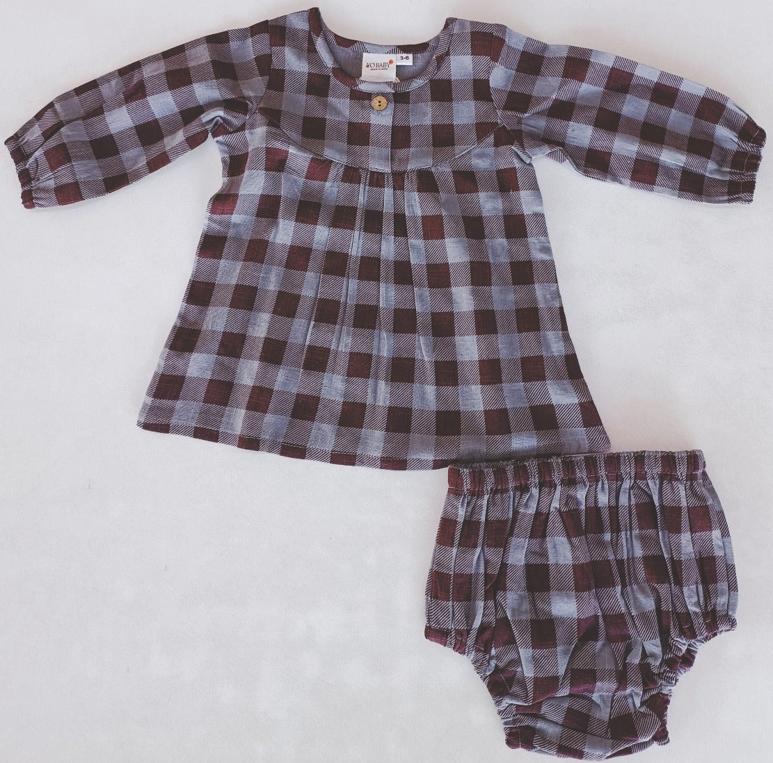 Burgundy Checkered Print Long Sleeves Dress and Diaper Cover Set — Cotton Baby Girl Set | 0-24 Months