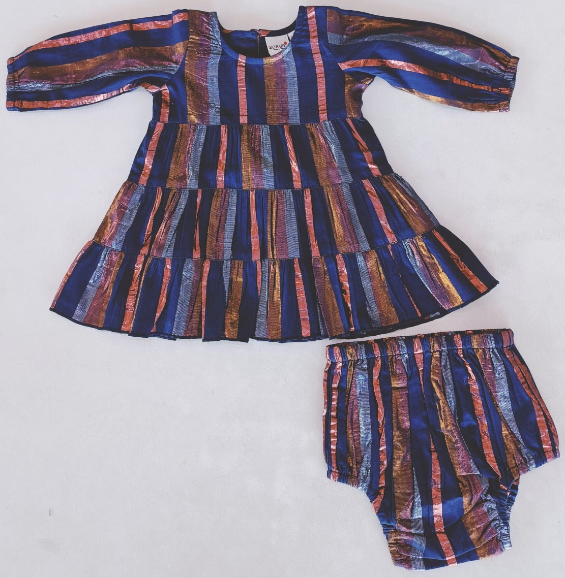 Navy Lurex Tiered Long Sleeve Dress & Diaper Cover Set