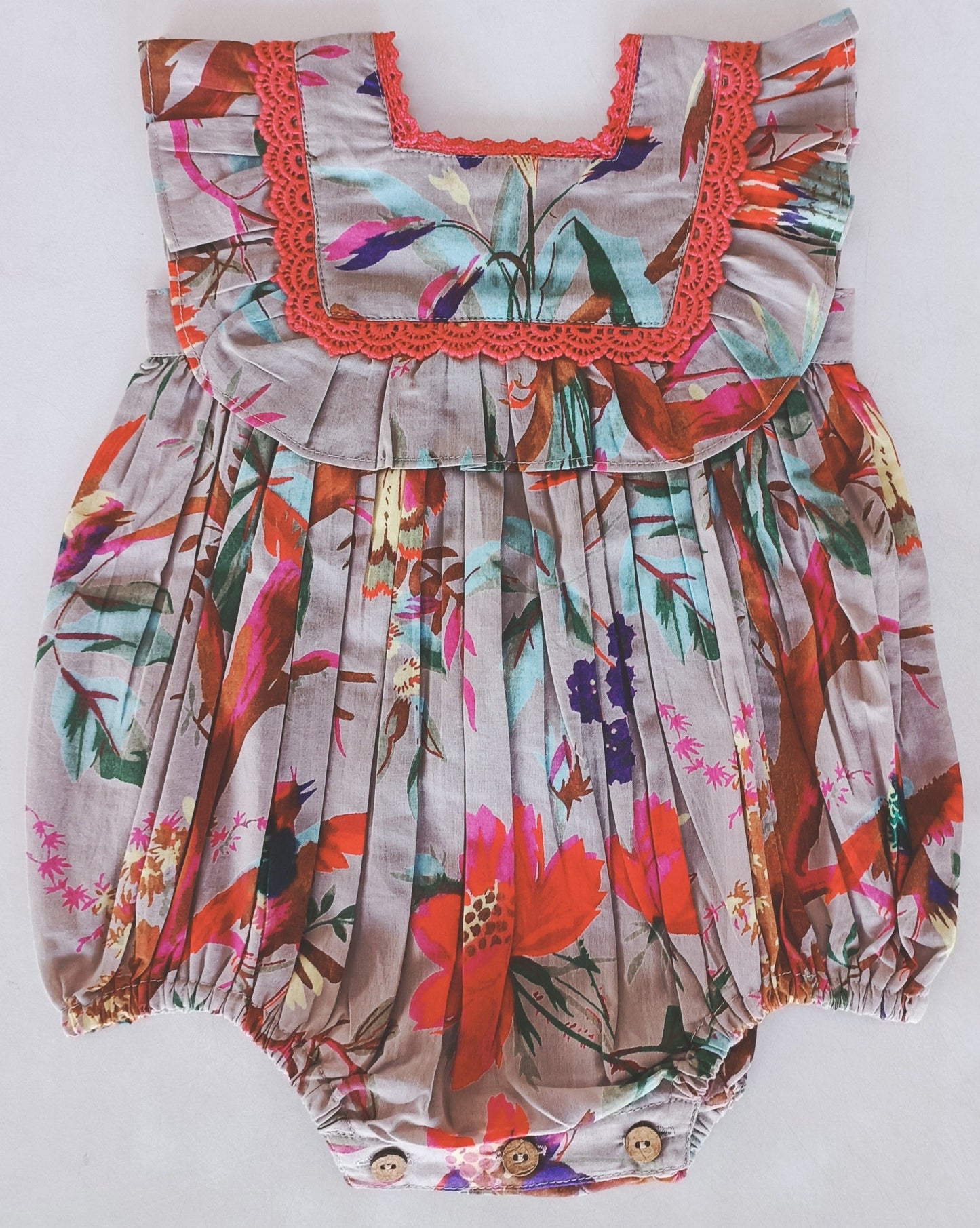 Bird Print Neck Ruffle Romper