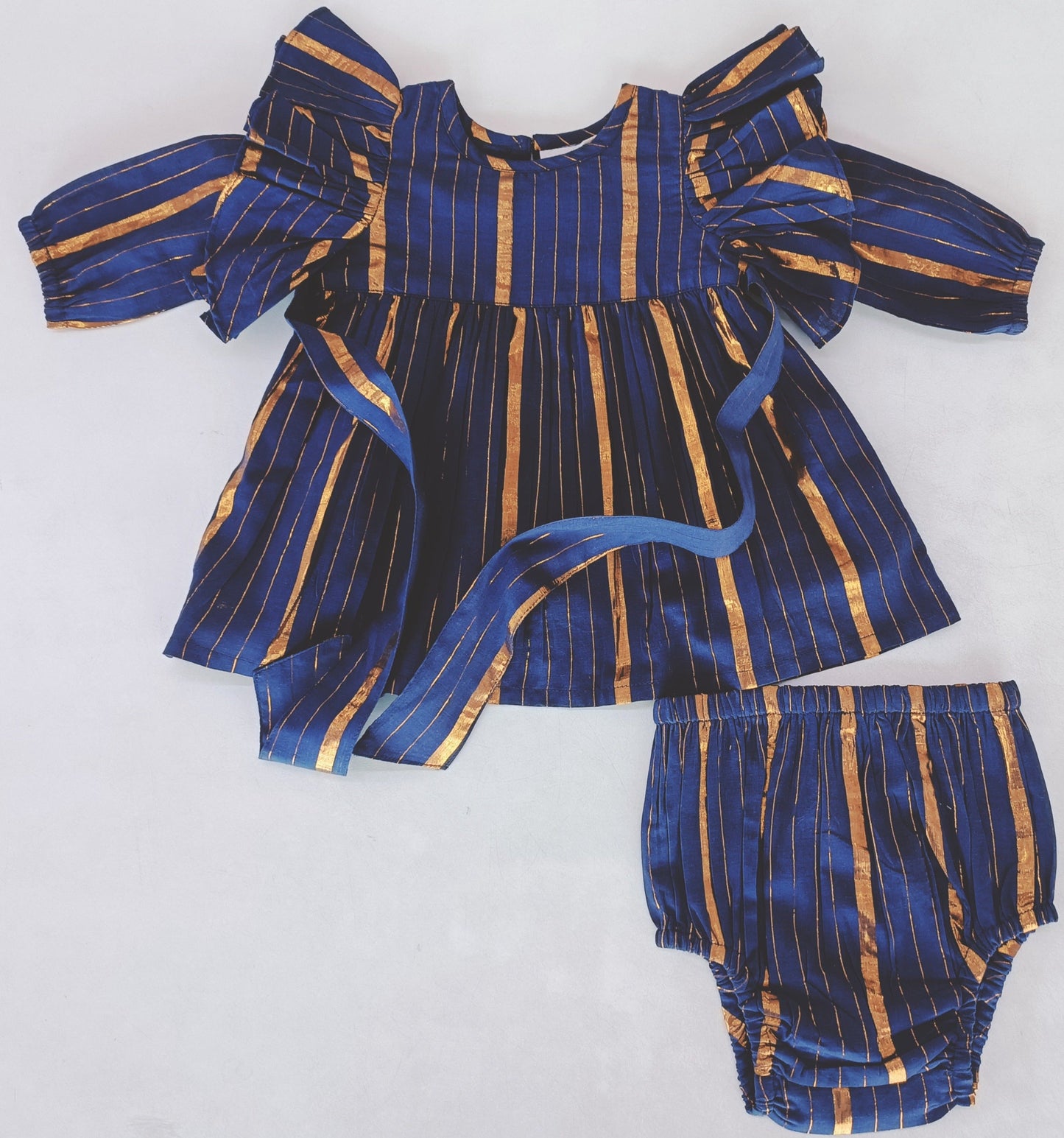 Navy Lurex Ruffle Long Sleeve Dress & Diaper Cover Set