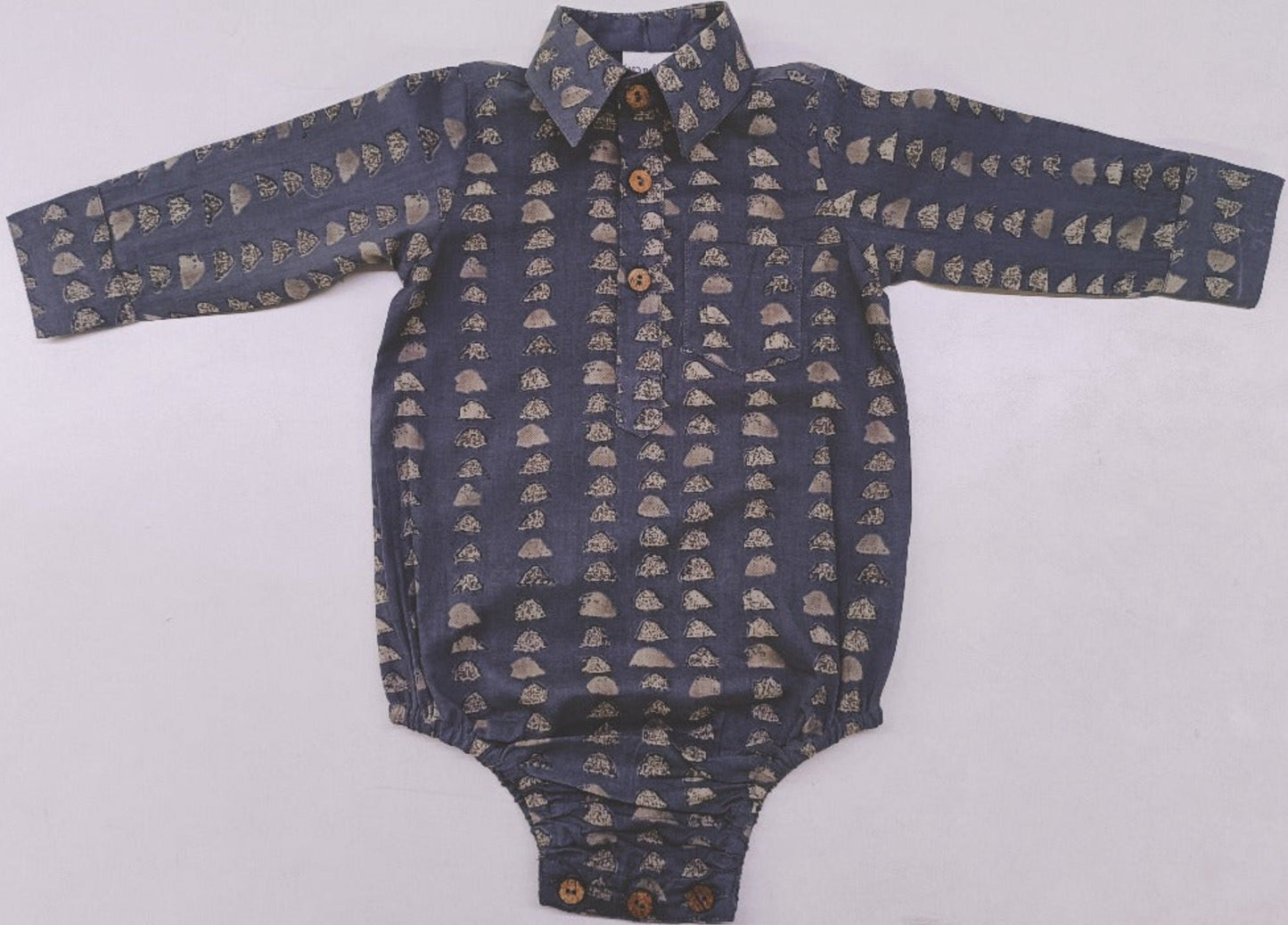 Grey Print Long Sleeve Baby Romper — Cotton Baby Girl Romper | 0-24 Months