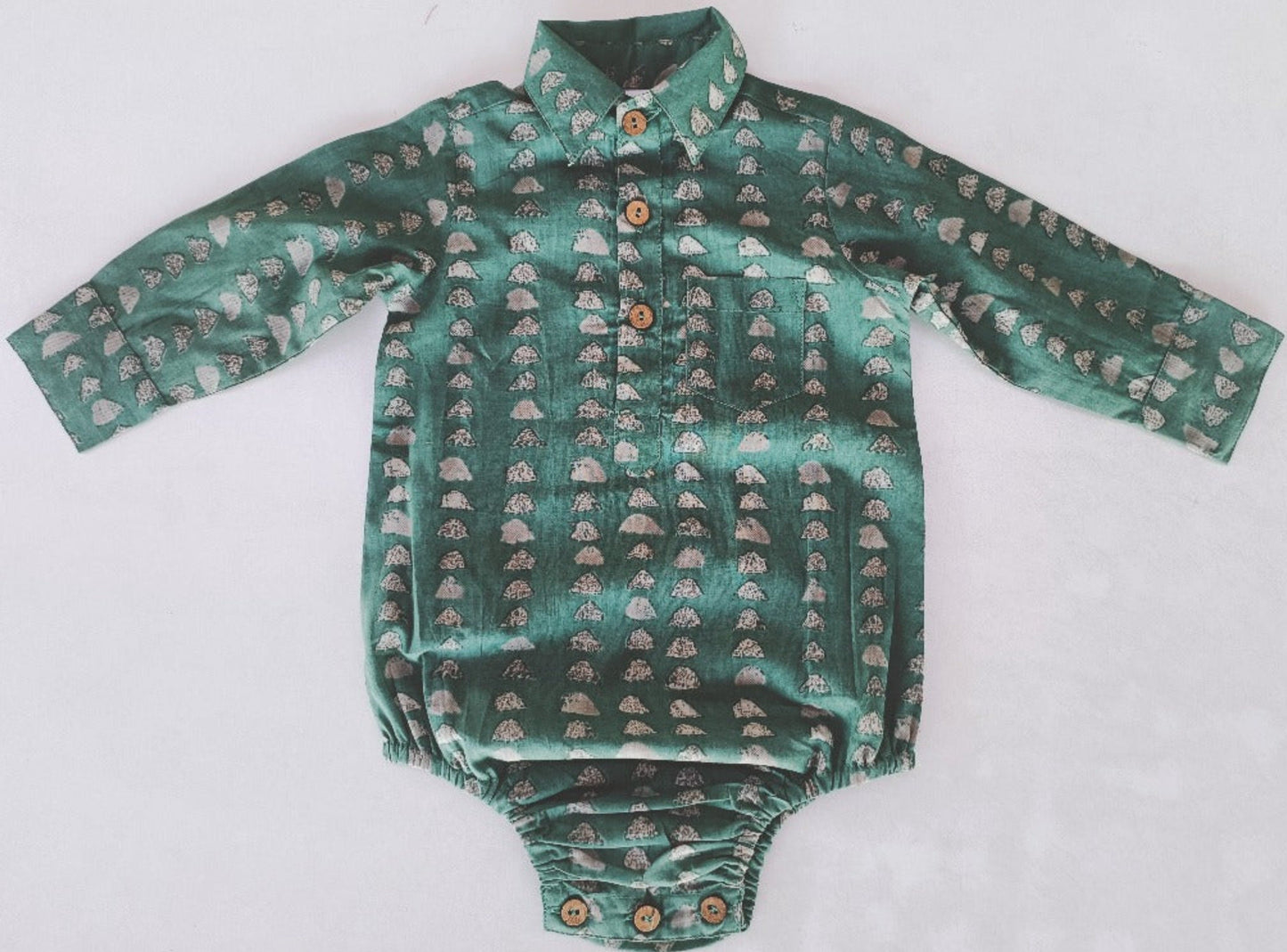 Green Print Long Sleeve Baby Romper — Cotton Baby Girl Romper | 0-24 Months