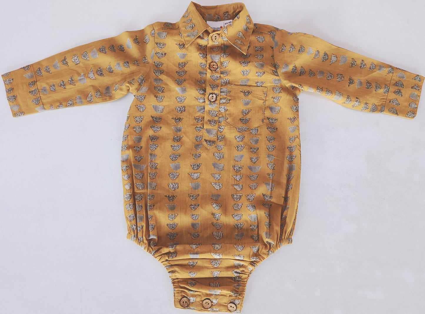 Mustard Print Long Sleeve Baby Romper — Cotton Baby Girl Romper | 0-24 Months
