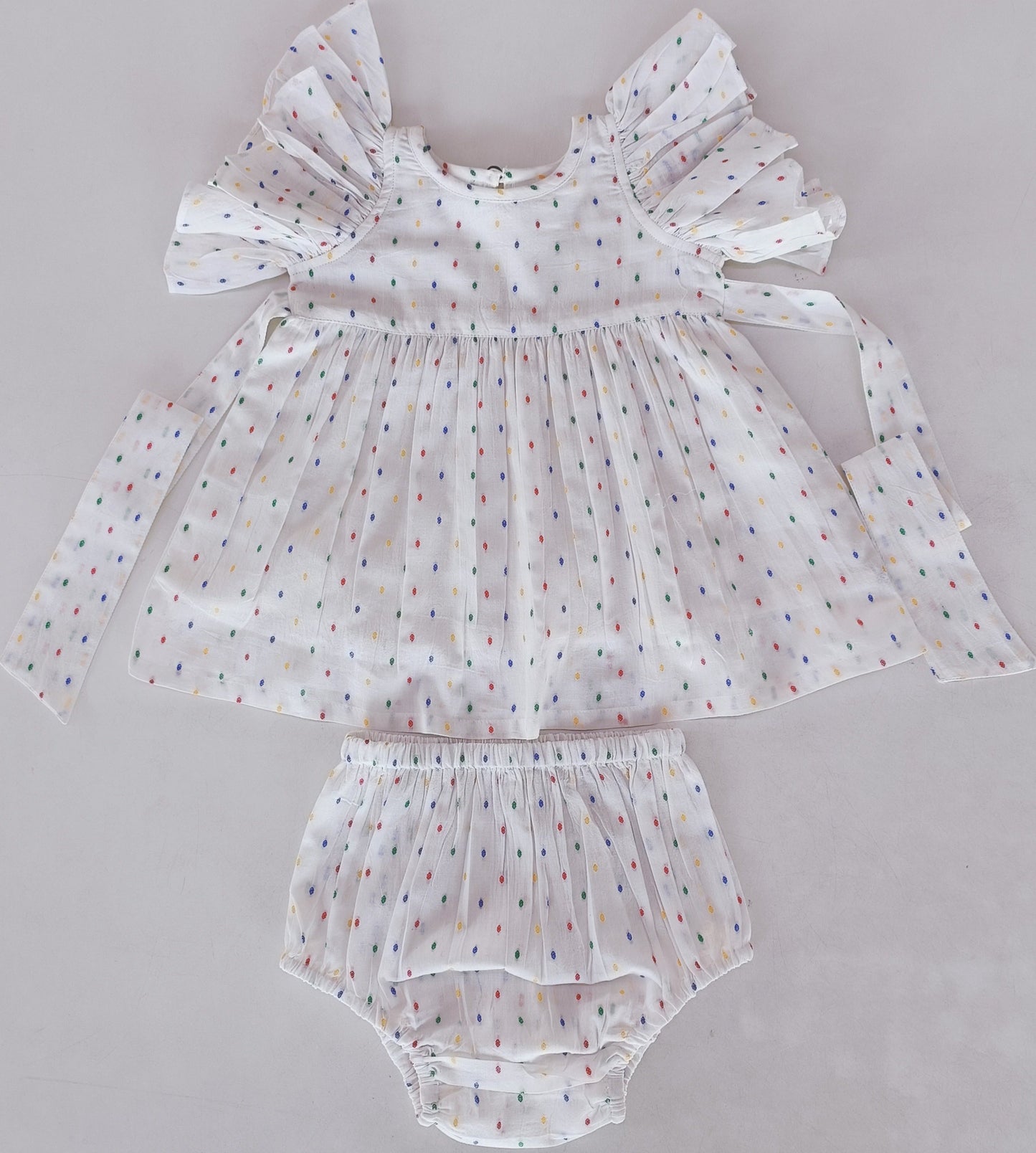 White Multicolor Dot Cotton Dobby Frill Dress and Bloomers