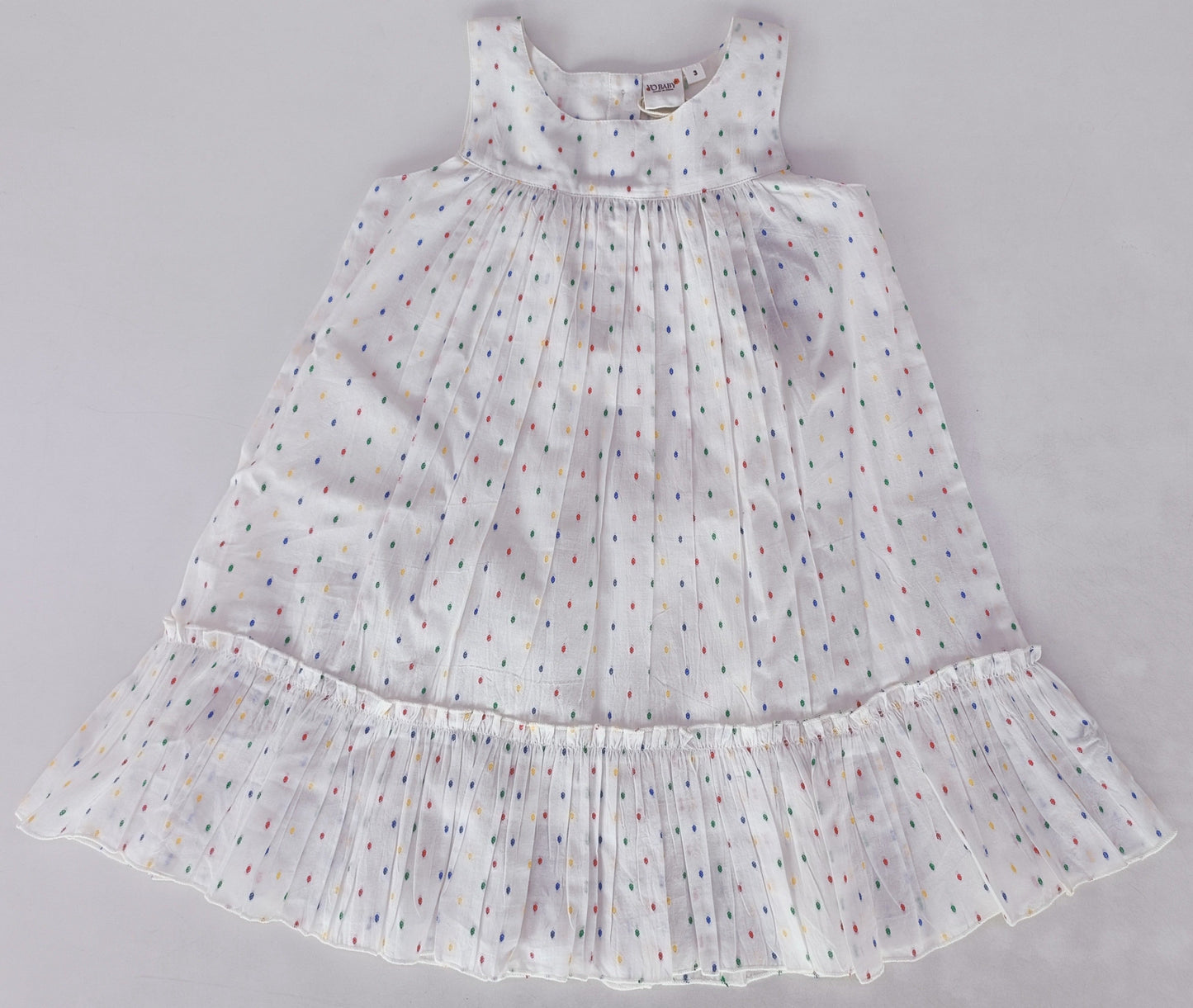 White Multicolor Dot Cotton Dobby Bottom Ruffle Dress