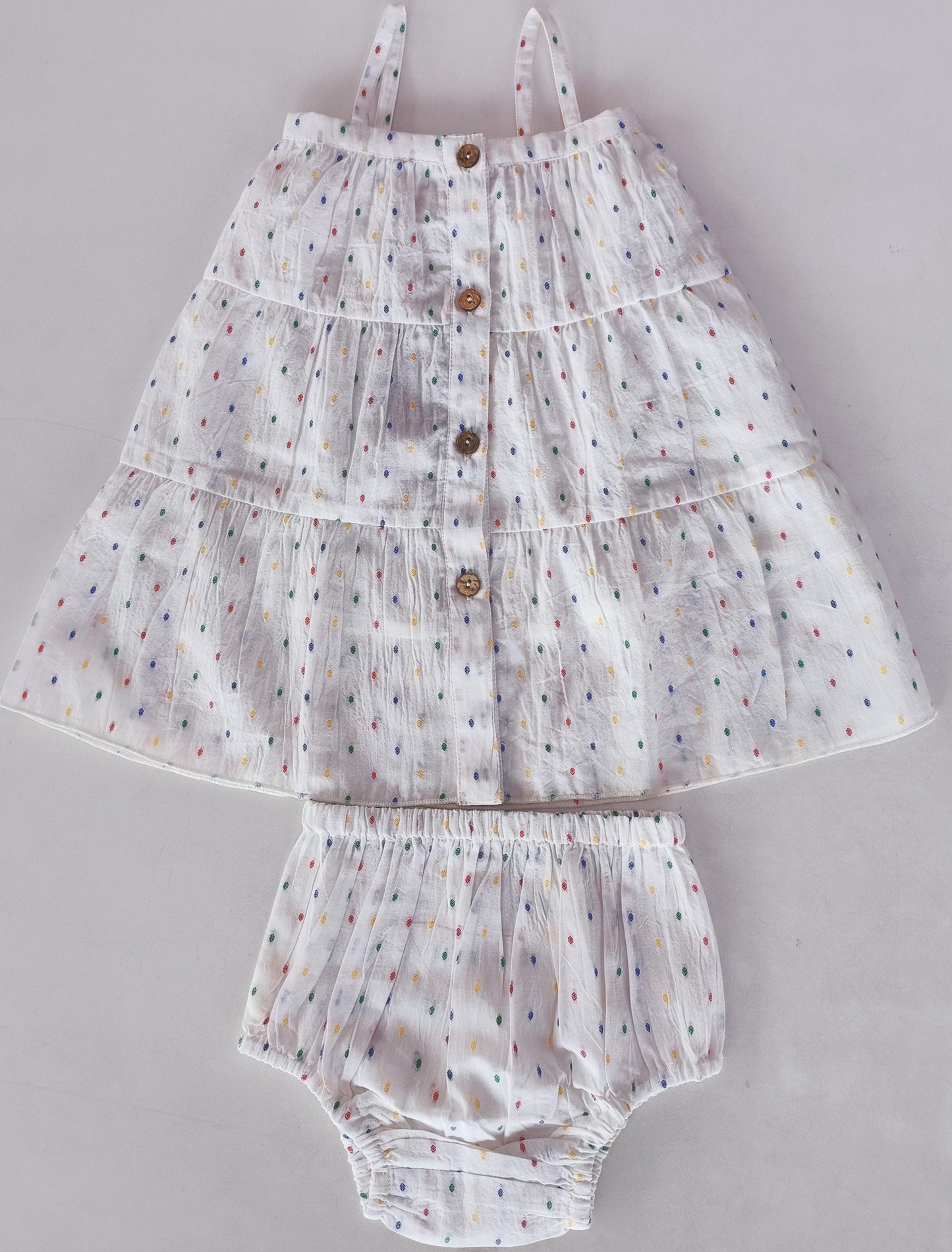 White Multicolor Dot Cotton Dobby Tiered Dress and Bloomers