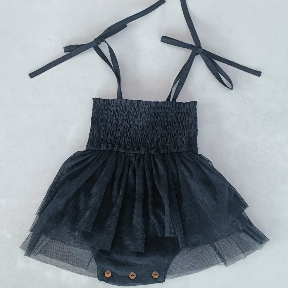 Black Tulle Infant Ruffle Romper — Cotton Baby Girl Romper | 0-24 Months