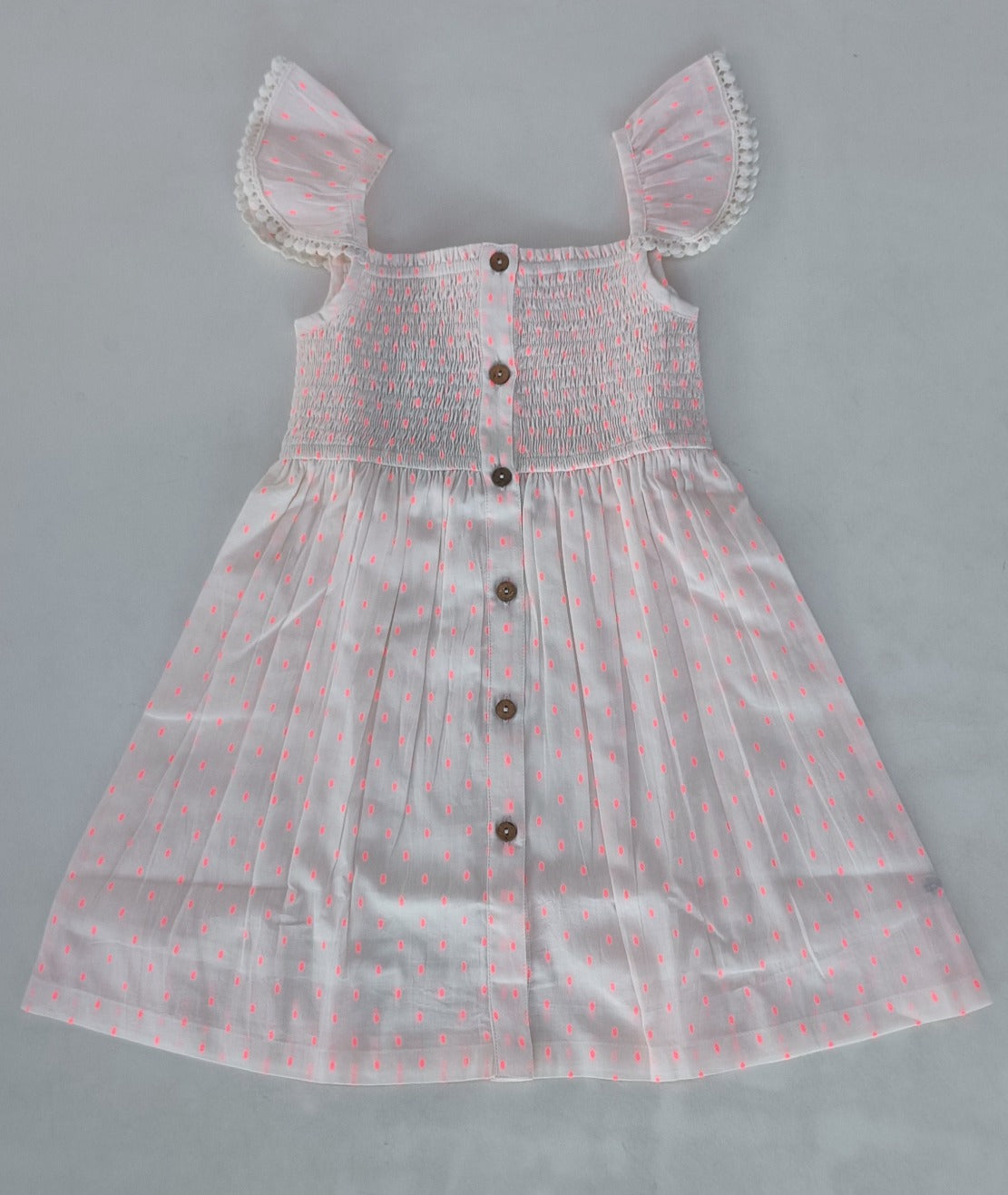 Neon Pink Cotton Dobby Sleeve Ruffle Gathered Dress