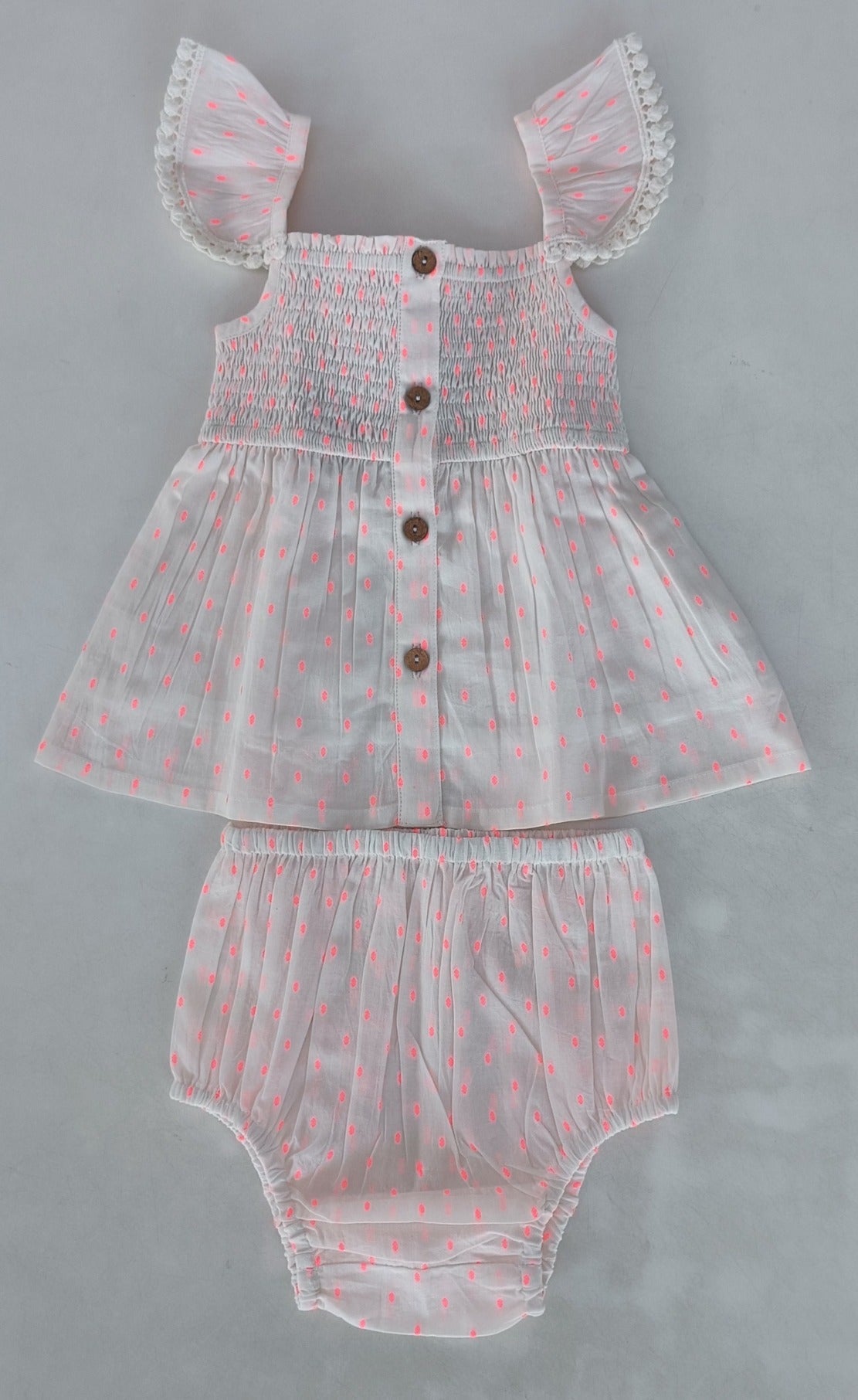 Neon Pink Cotton Dobby Sleeve Ruffle Gathered Dress — Cotton Girls Dress | 0-13 Years