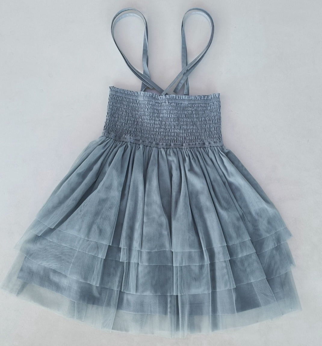 Grey Tulle Solid Color Ruffle Dress