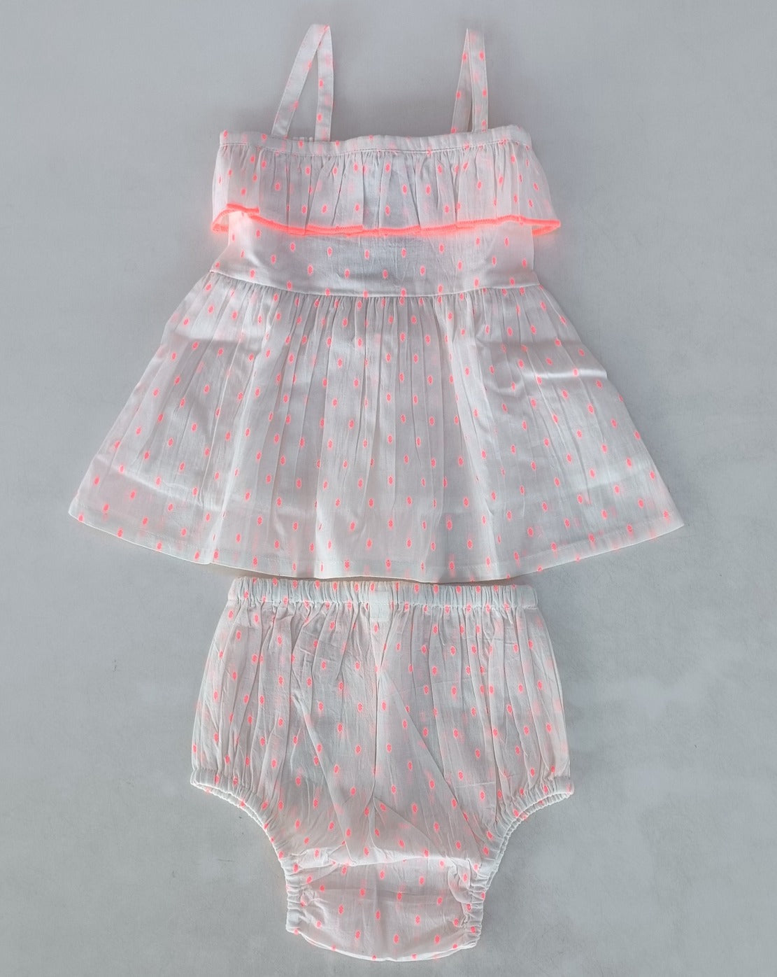 Neon Pink Cotton Dobby Yoke Ruffle Gathered Dress — Cotton Girls Dress | 0-13 Years