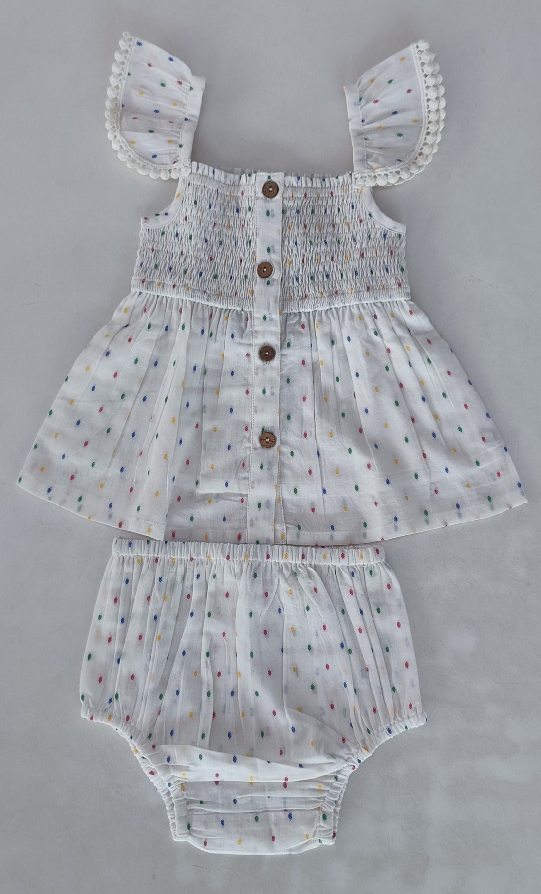 Multi Color Cotton Dobby Sleeve Ruffle Gathered Dress — Cotton Girls Dress | 0-13 Years