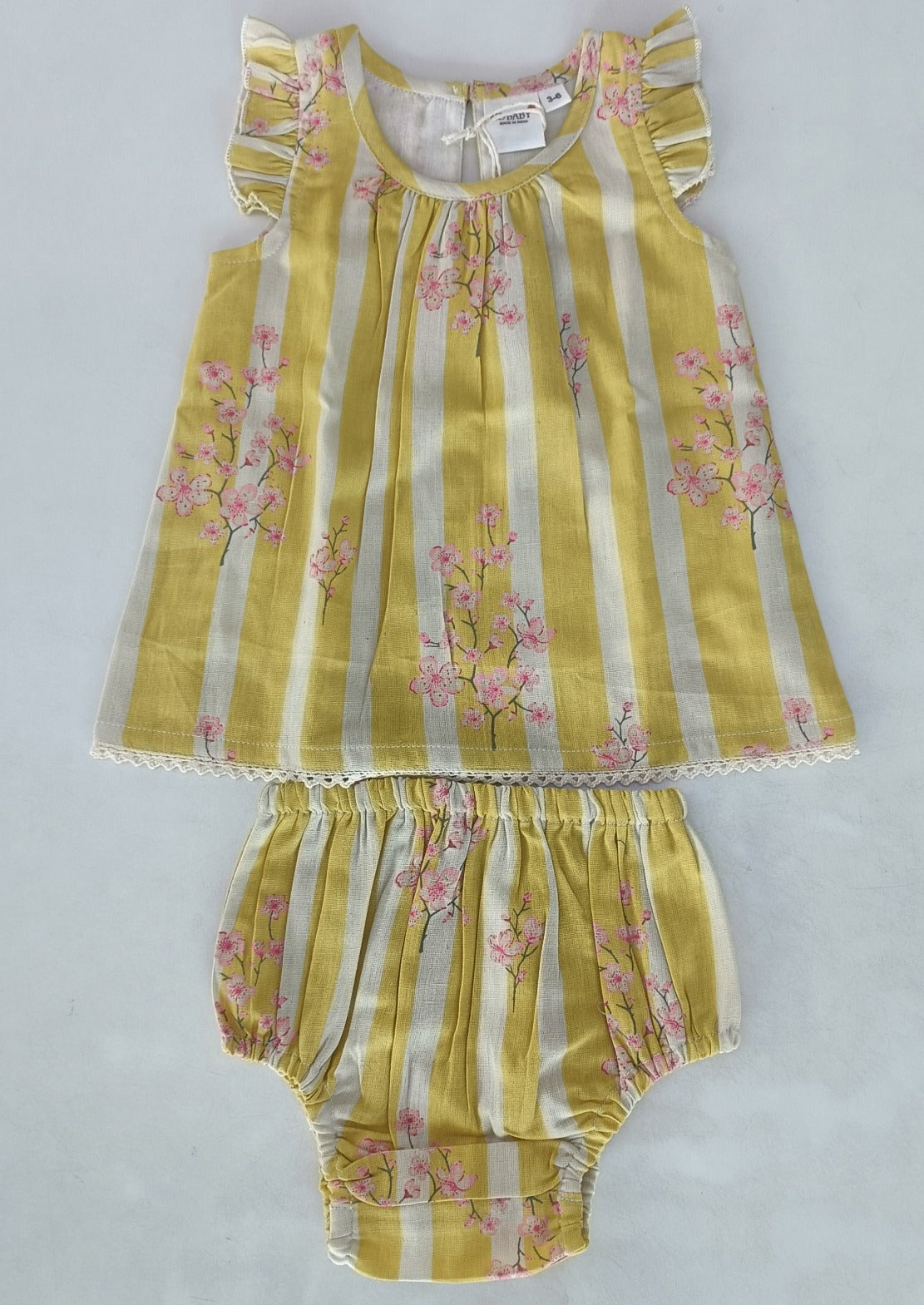 Pink Floral Sleeve Ruffle Gathered Dress — Cotton Girls Dress | 0-13 Years