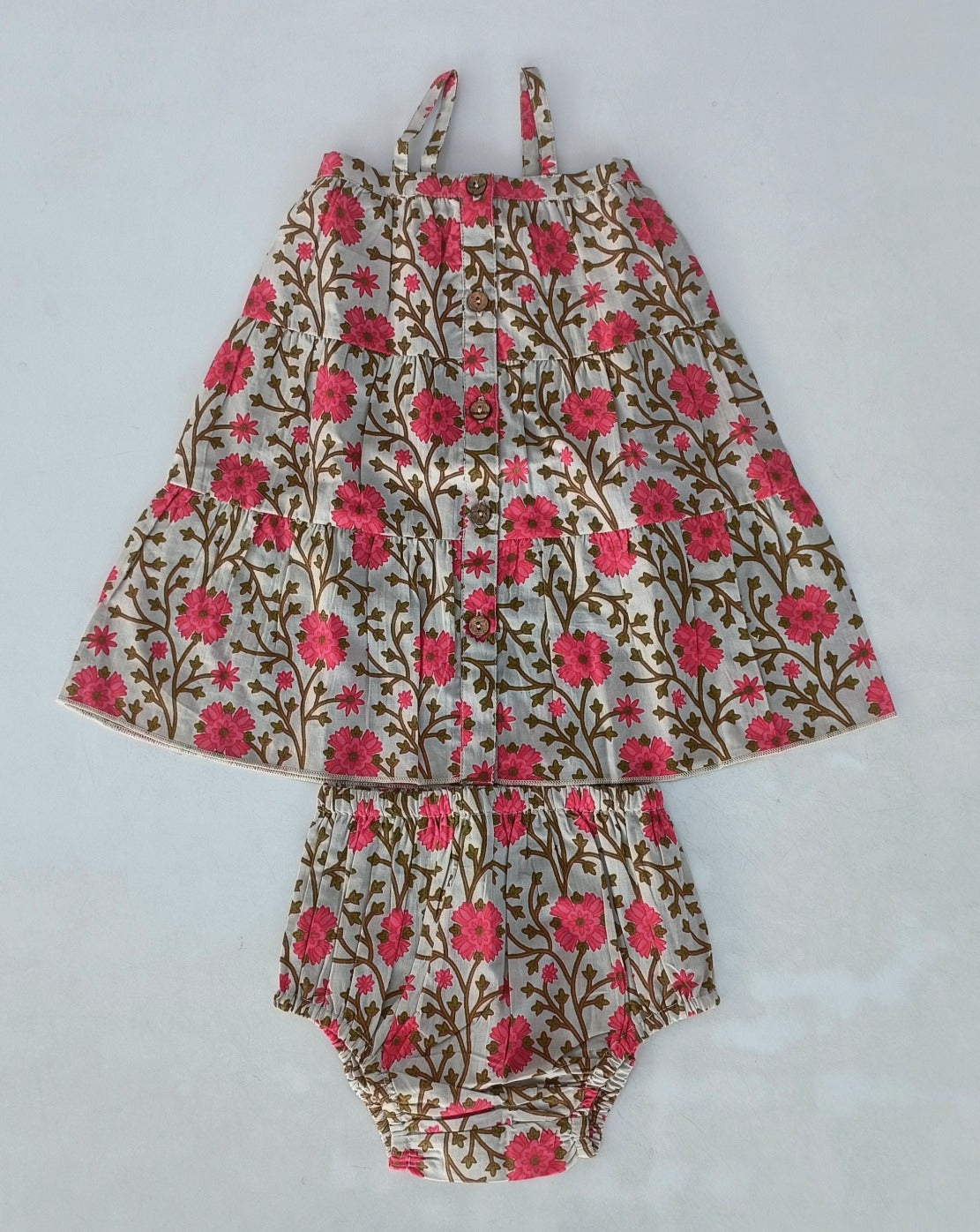 Pink and Beige Floral Tiered Dress — Cotton Girls Dress | Infant to Tween 0-13 Years
