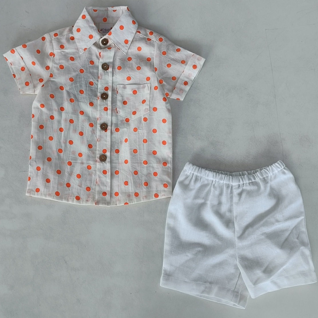 Orange Polka Dot Print Boys Shirt & White Shorts set