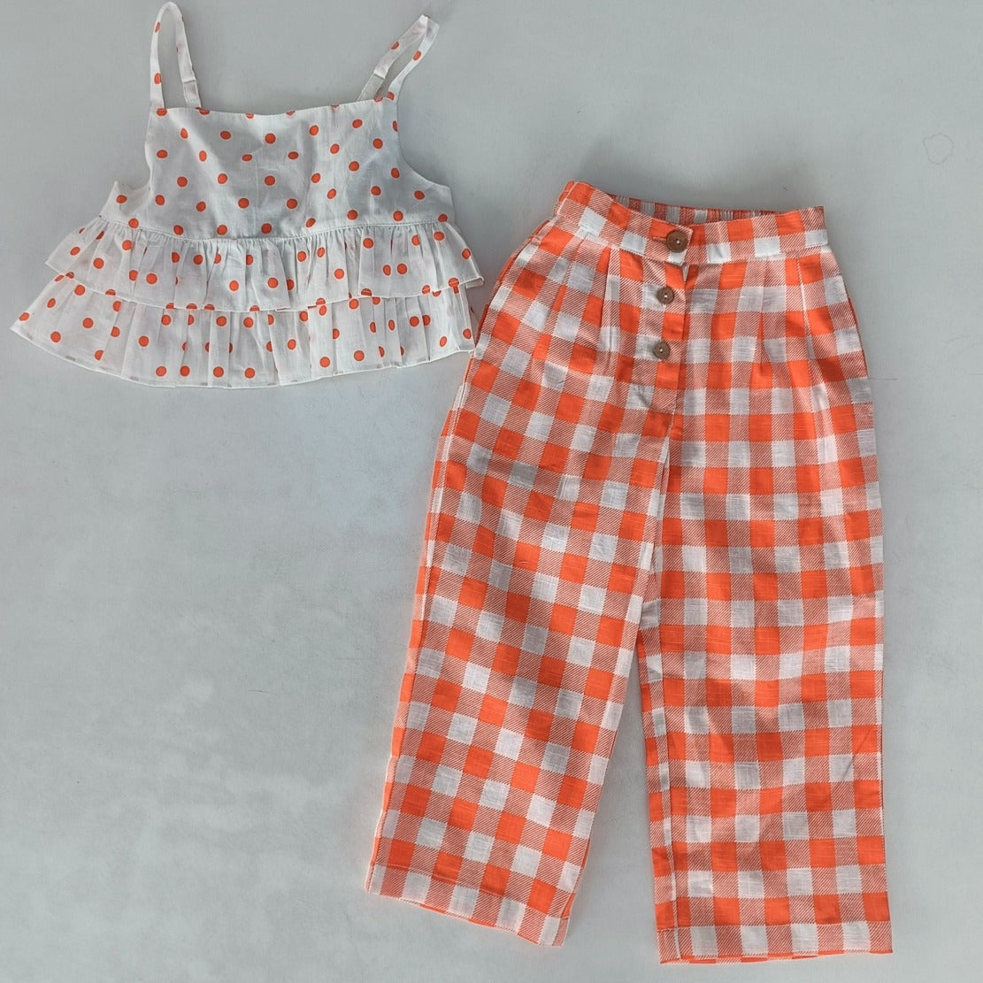 Orange Polka Dot Top and Orange Checkered Pants Set — Cotton Girls Co-Ord | 0-13 Years