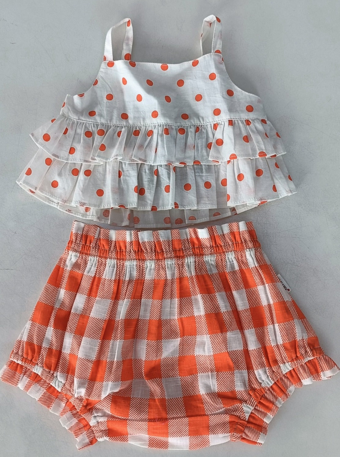 Orange Polka Dot Top and Orange Checkered Shorts Set — Cotton Girls Co-Ord | 0-13 Years