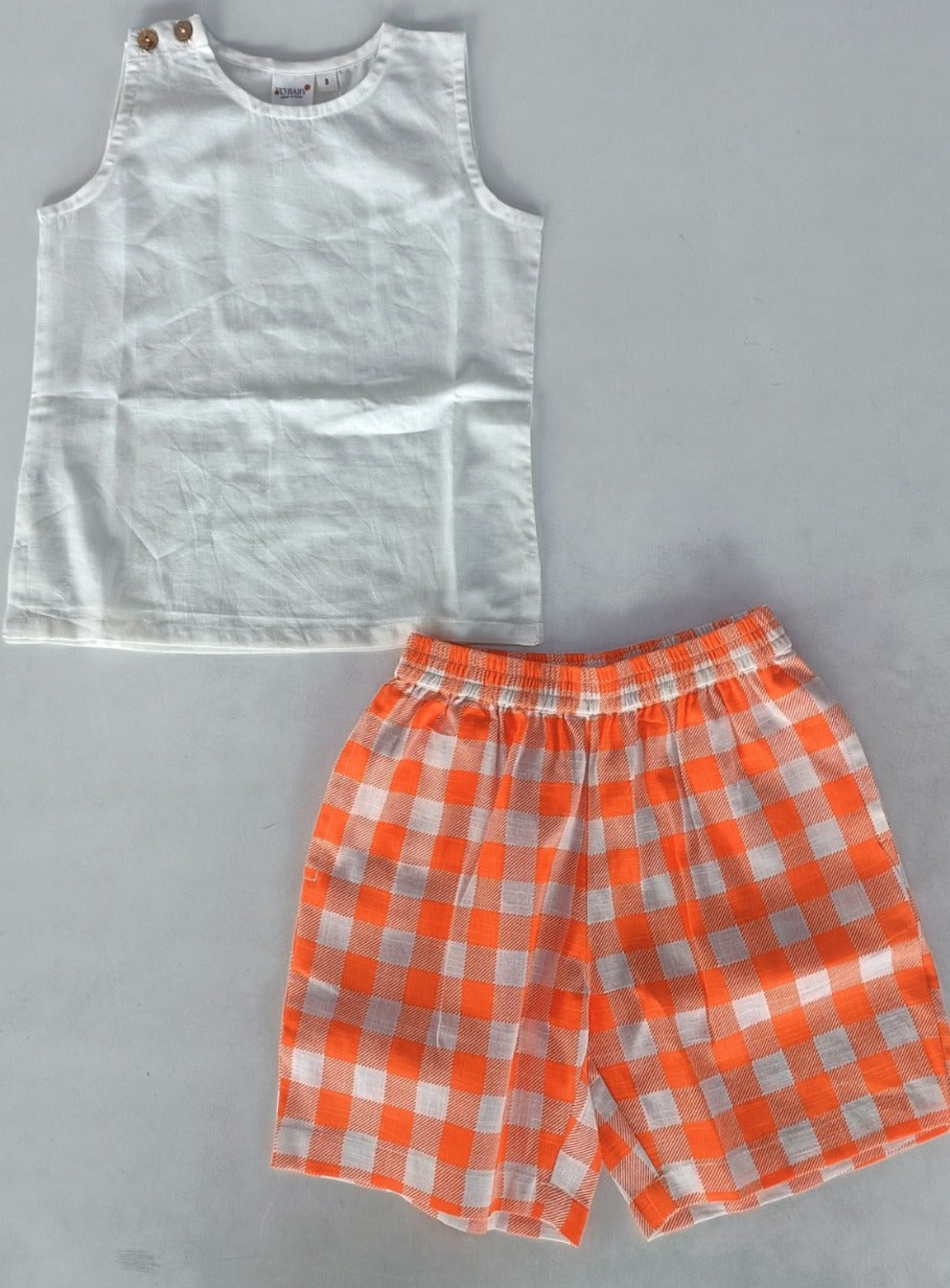 Off-White Top & Orange Checkered Shorts set