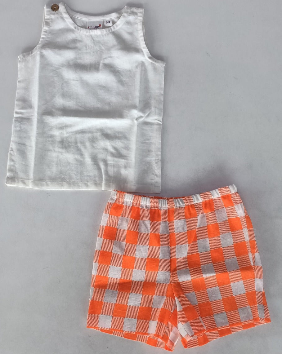 Off-White Top & Orange Checkered Shorts set