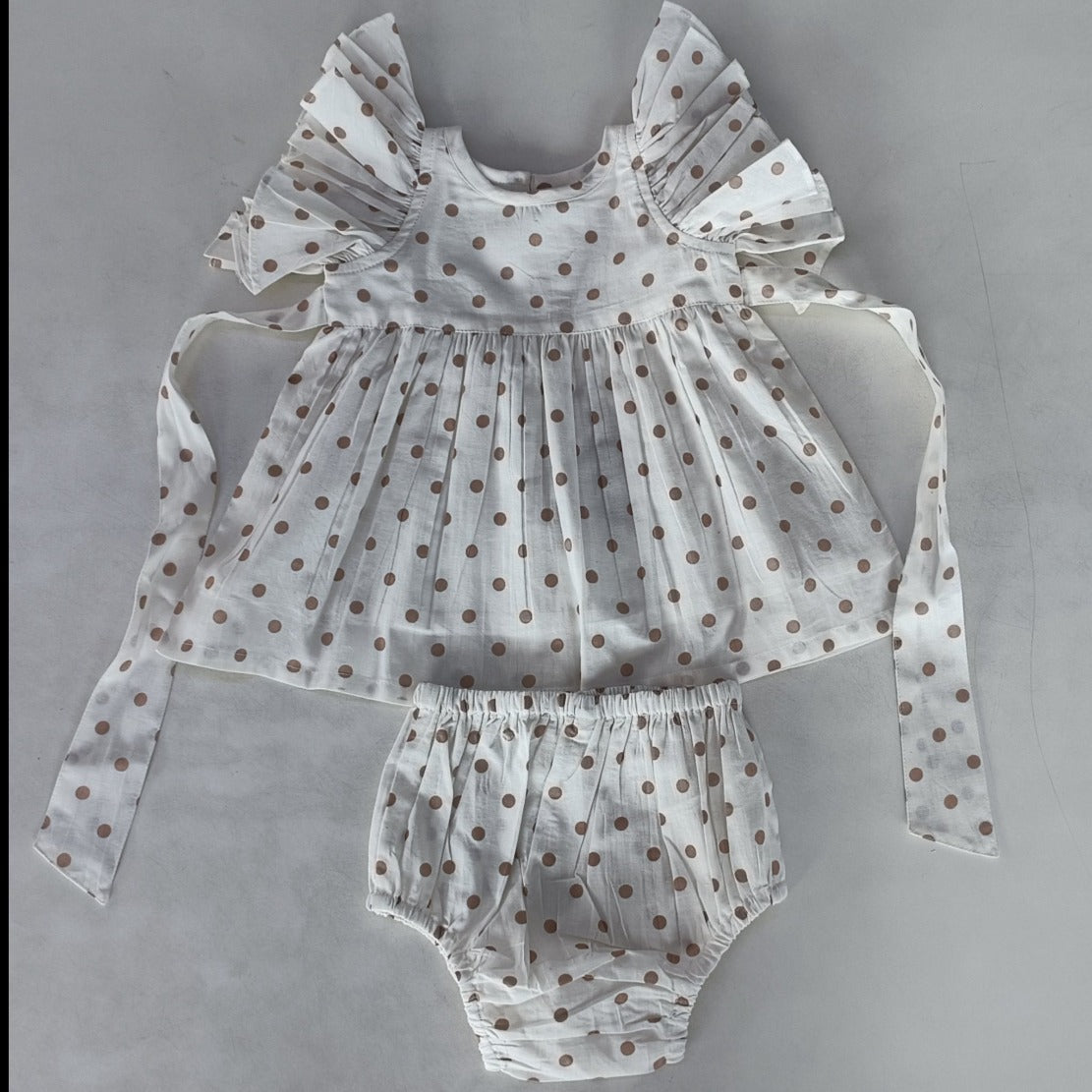 Brown Polka Dot Print Sleeve Ruffle Gathered Dress